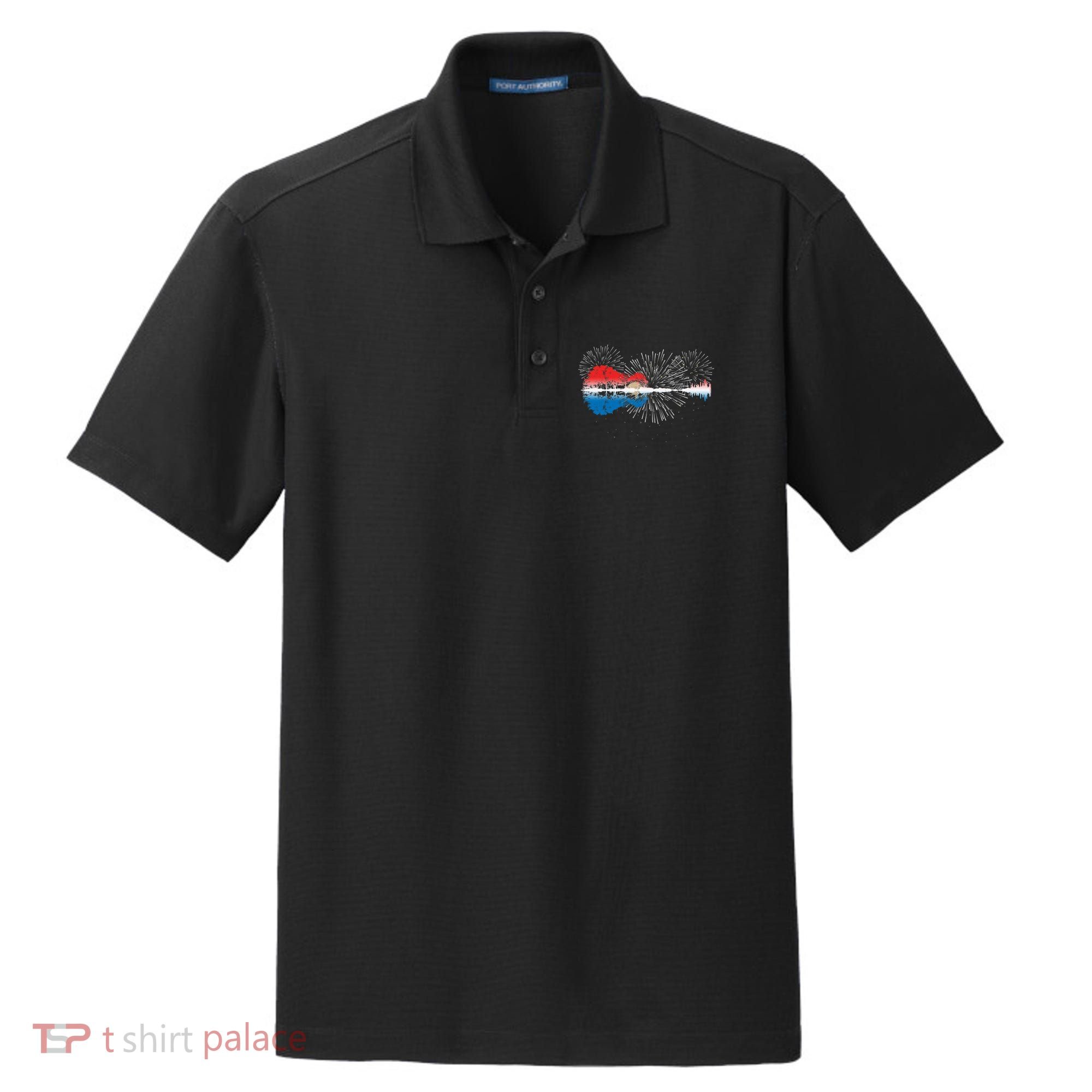 Patriotic Guitar Lake Reflections Night Sky 4th Of July Dry Zone Grid Polo