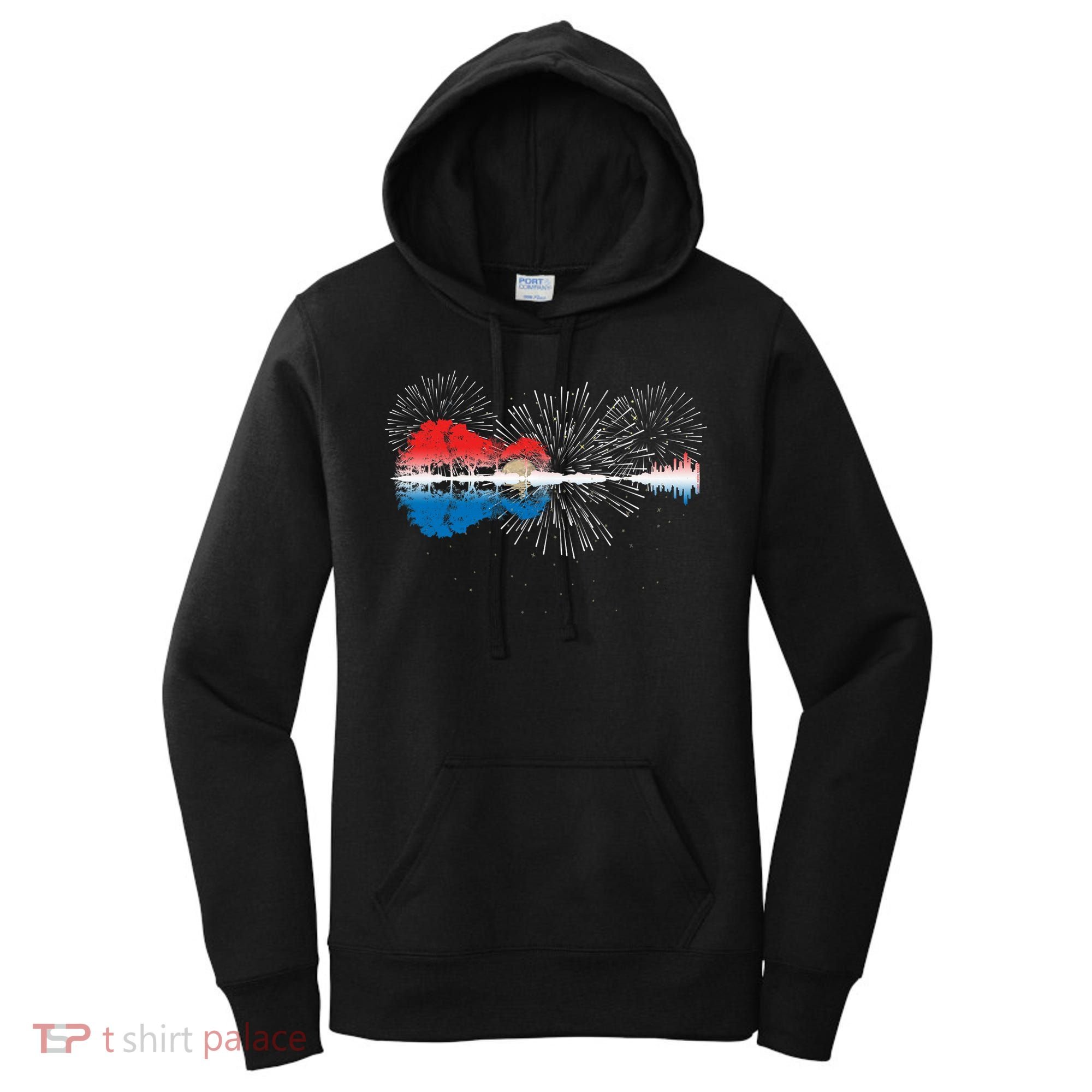 Patriotic Guitar Lake Reflections Night Sky 4th Of July Women's Hoodie