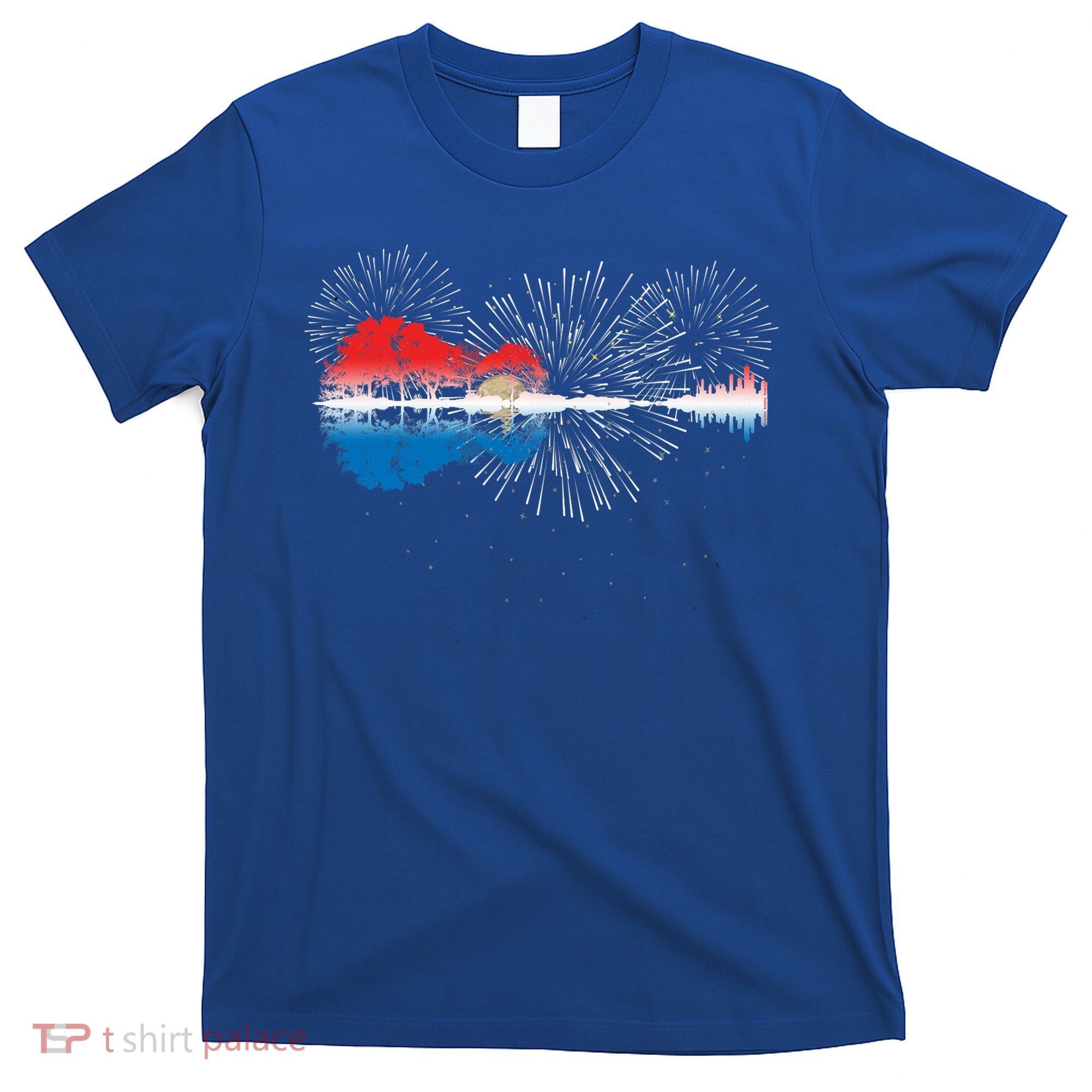Patriotic Guitar Lake Reflections Night Sky 4th Of July T-Shirt