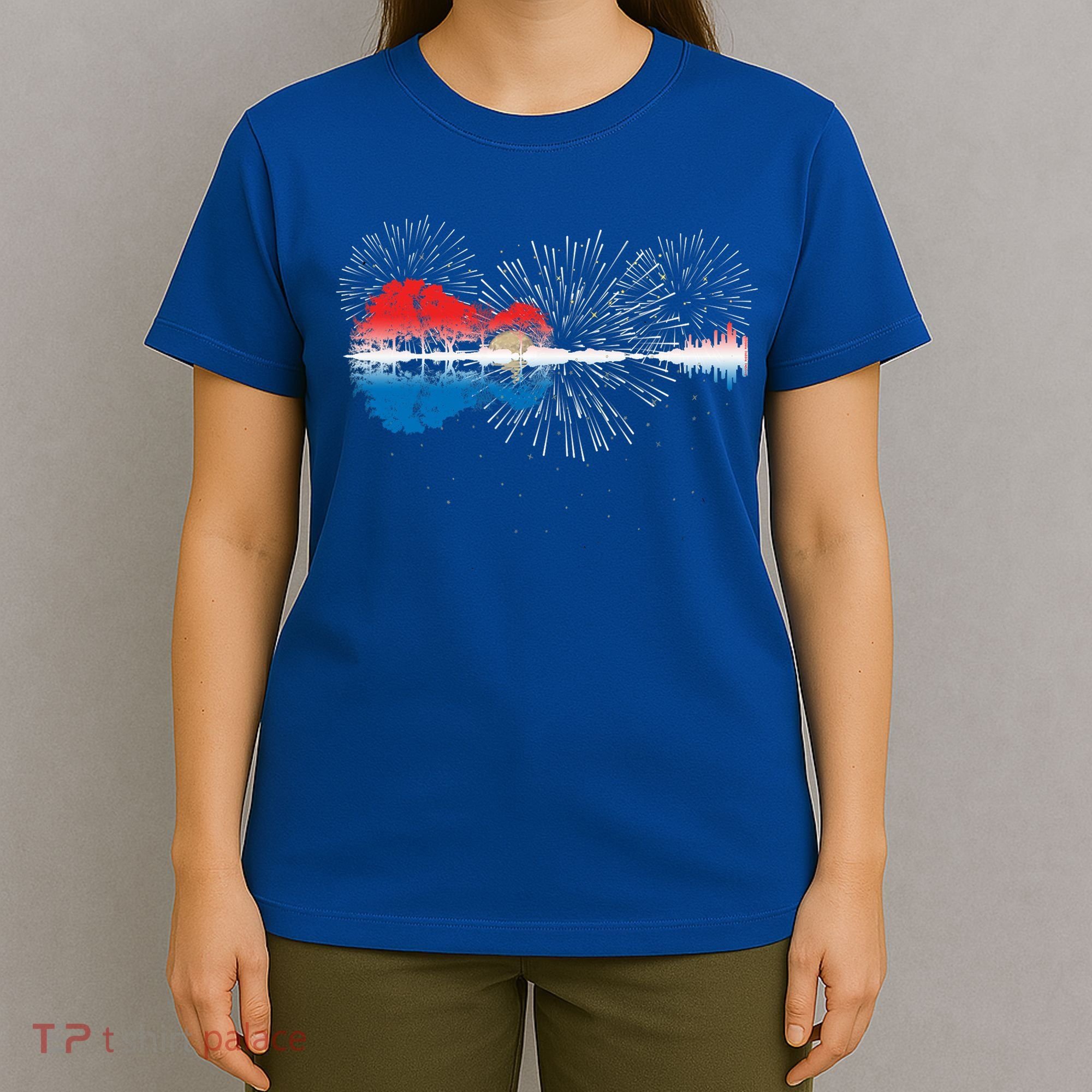 Patriotic Guitar Lake Reflections Night Sky 4th Of July T-Shirt