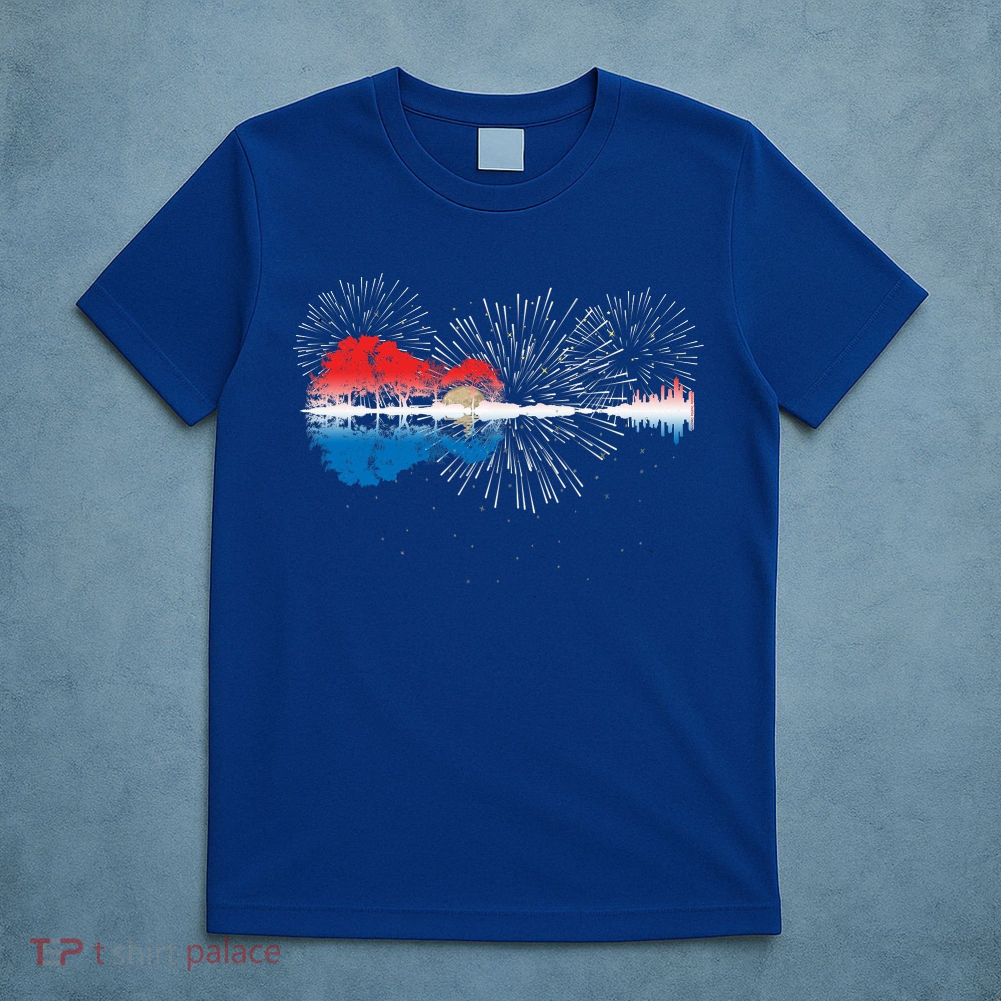 Patriotic Guitar Lake Reflections Night Sky 4th Of July T-Shirt