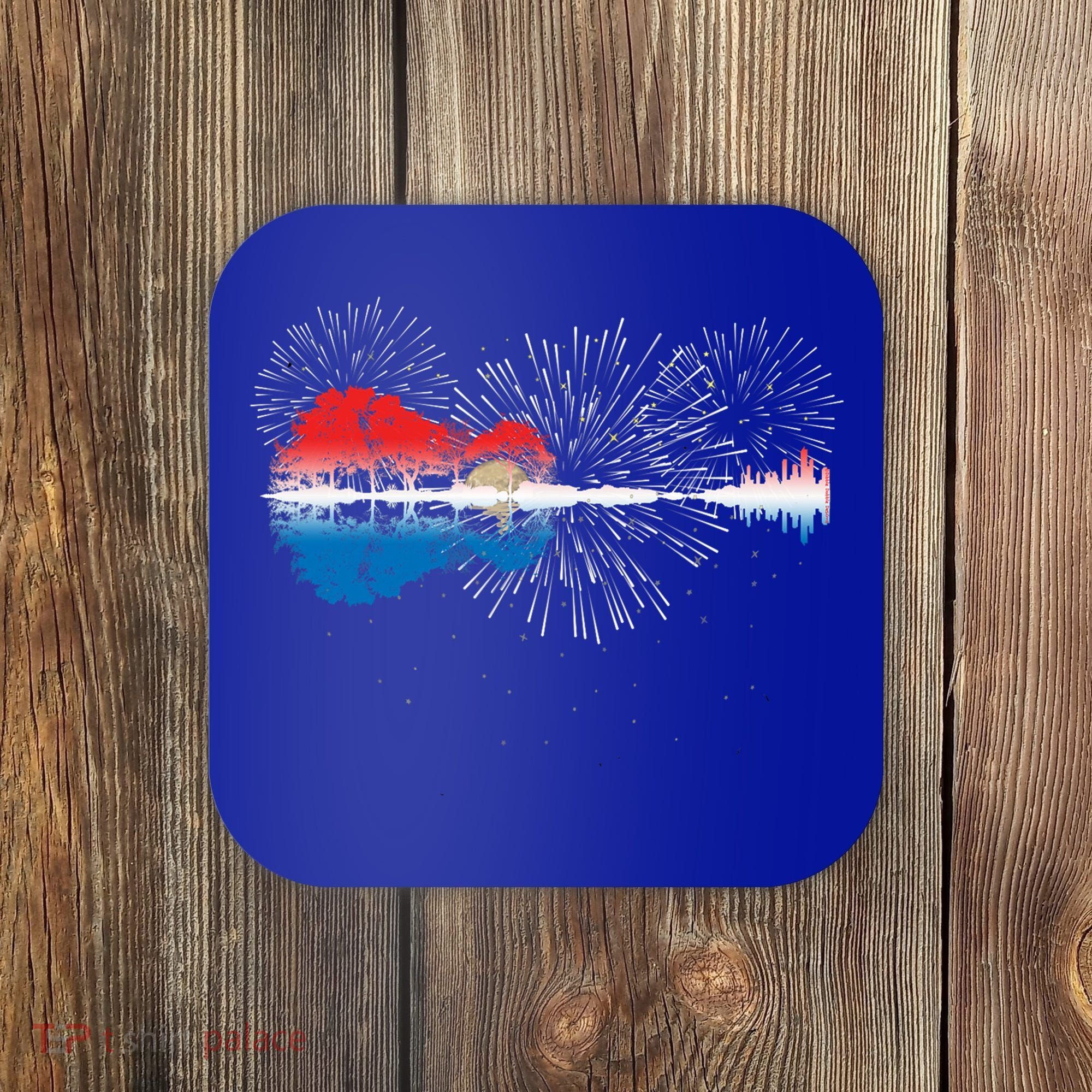 Patriotic Guitar Lake Reflections Night Sky 4th Of July Coaster