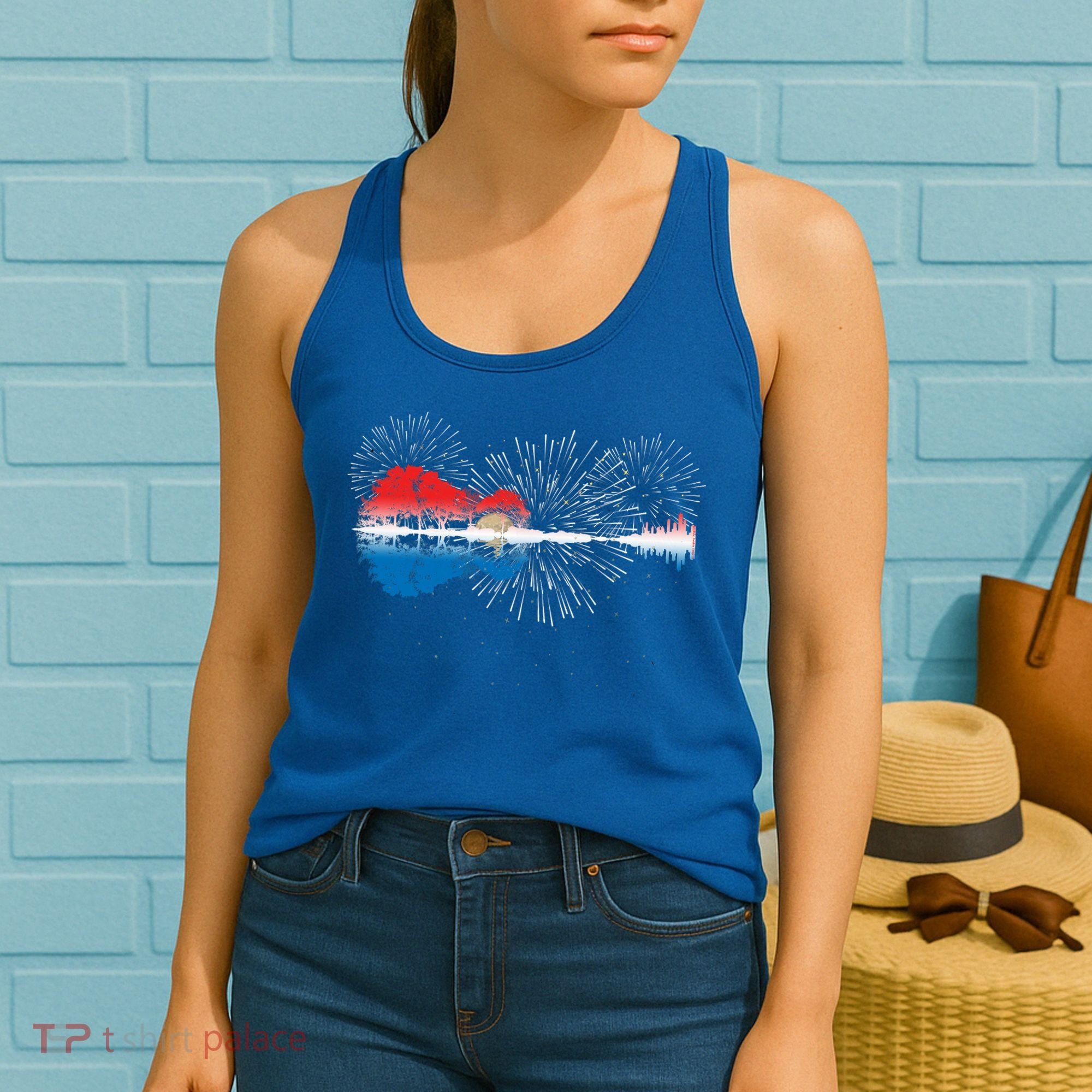 Patriotic Guitar Lake Reflections Night Sky 4th Of July Women's Tank Top
