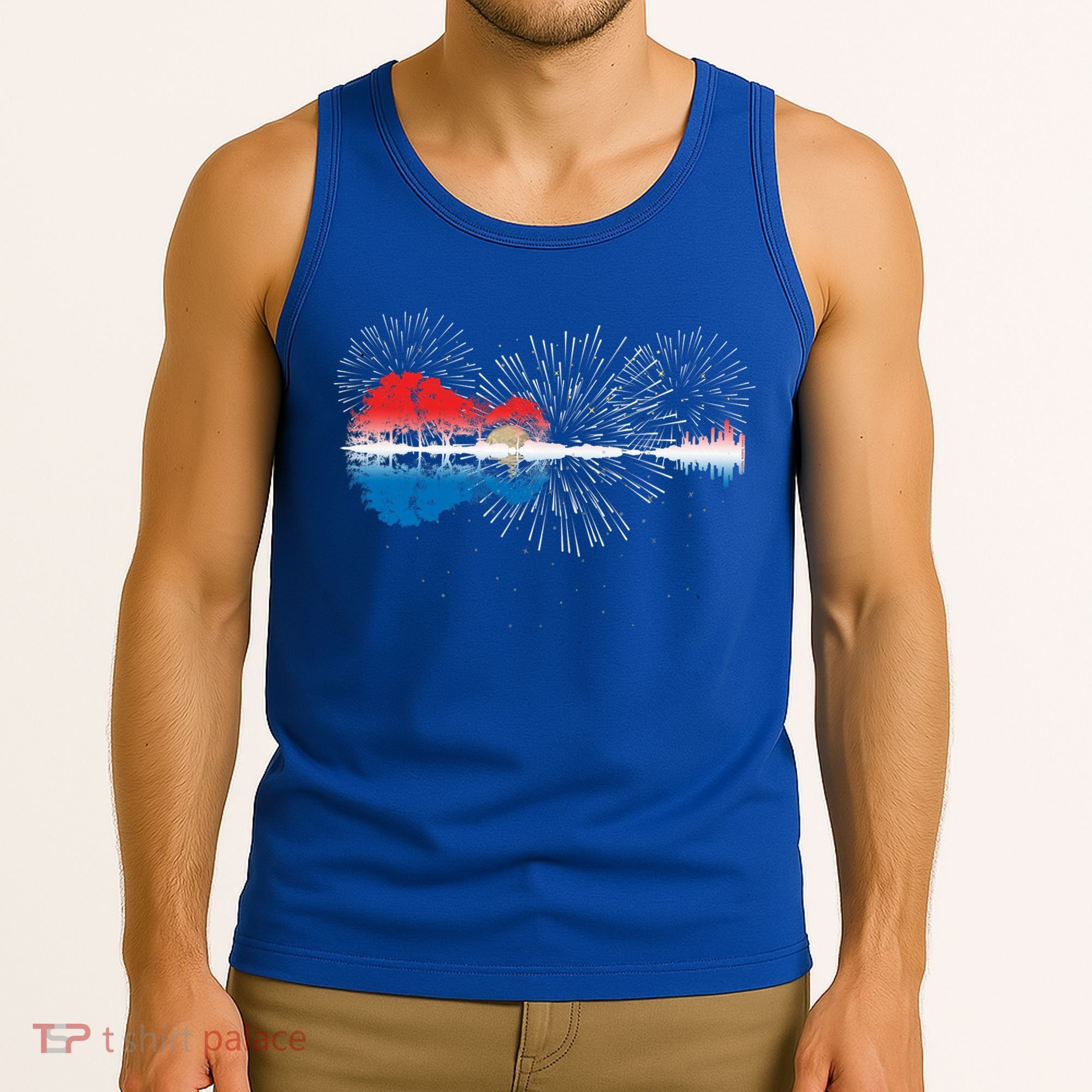 Patriotic Guitar Lake Reflections Night Sky 4th Of July Tank Top