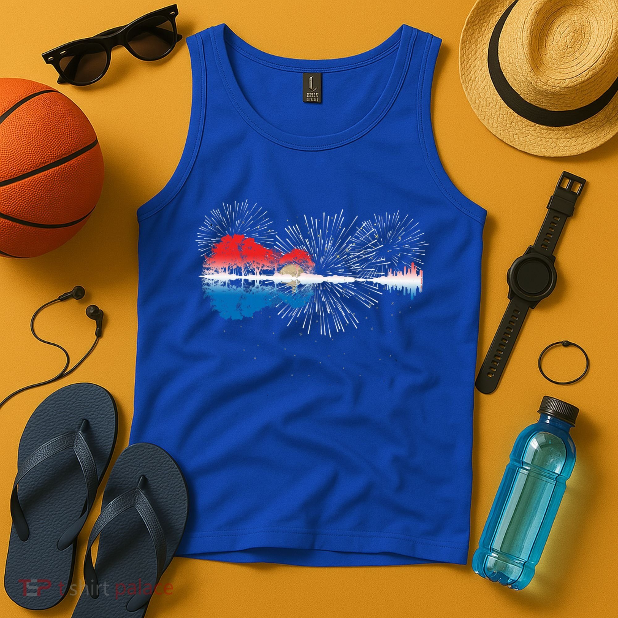 Patriotic Guitar Lake Reflections Night Sky 4th Of July Tank Top