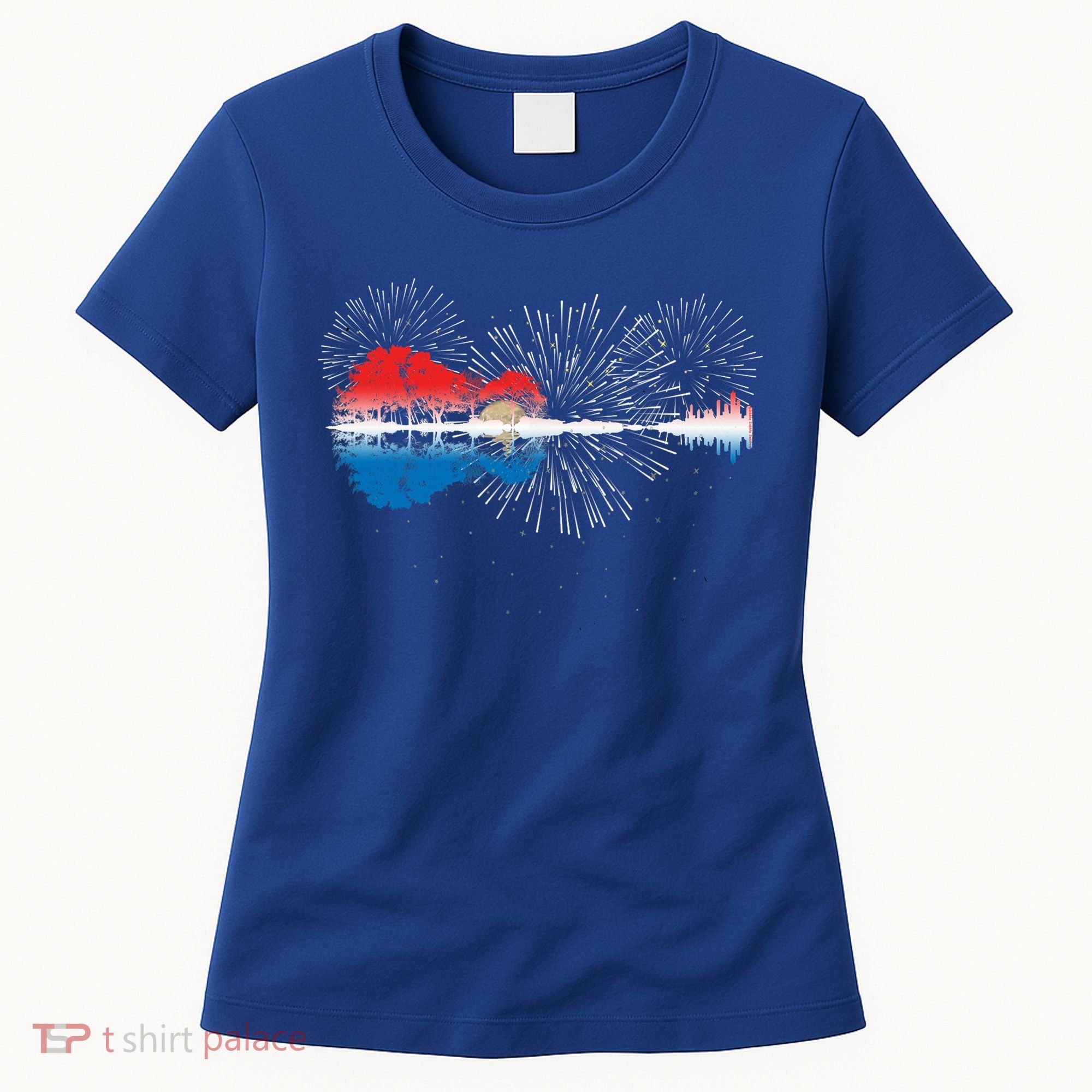 Patriotic Guitar Lake Reflections Night Sky 4th Of July Women's T-Shirt