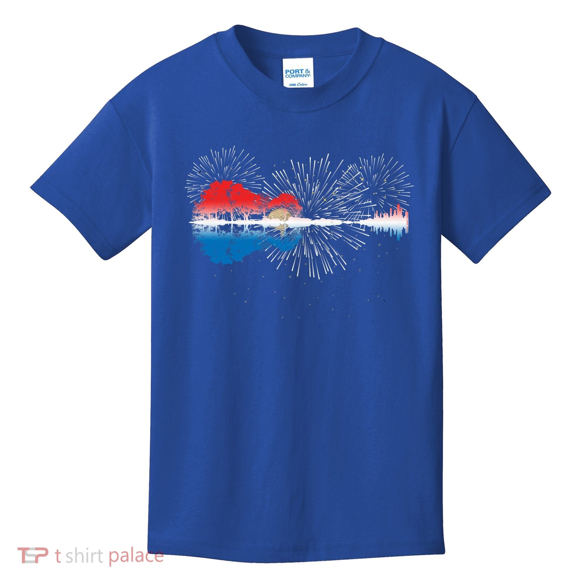 Patriotic Guitar Lake Reflections Night Sky 4th Of July Kids T-Shirt