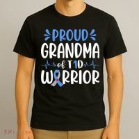 Proud Grandma Of T1D Warrior Diabetes Awareness Blue Ribbon T-Shirt thumb 3