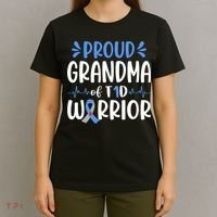 Proud Grandma Of T1D Warrior Diabetes Awareness Blue Ribbon T-Shirt thumb 4