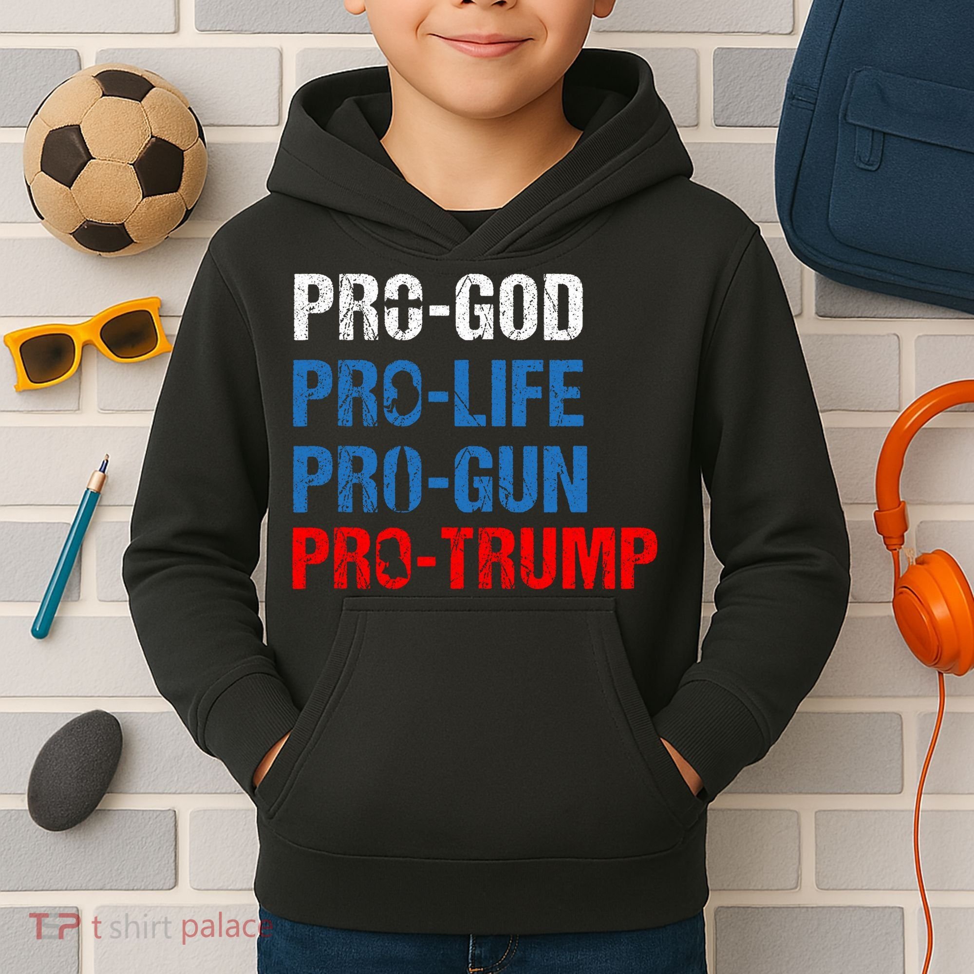 Pro God Pro Life Pro Gun Pro Trump Patriotic Kids Hoodie