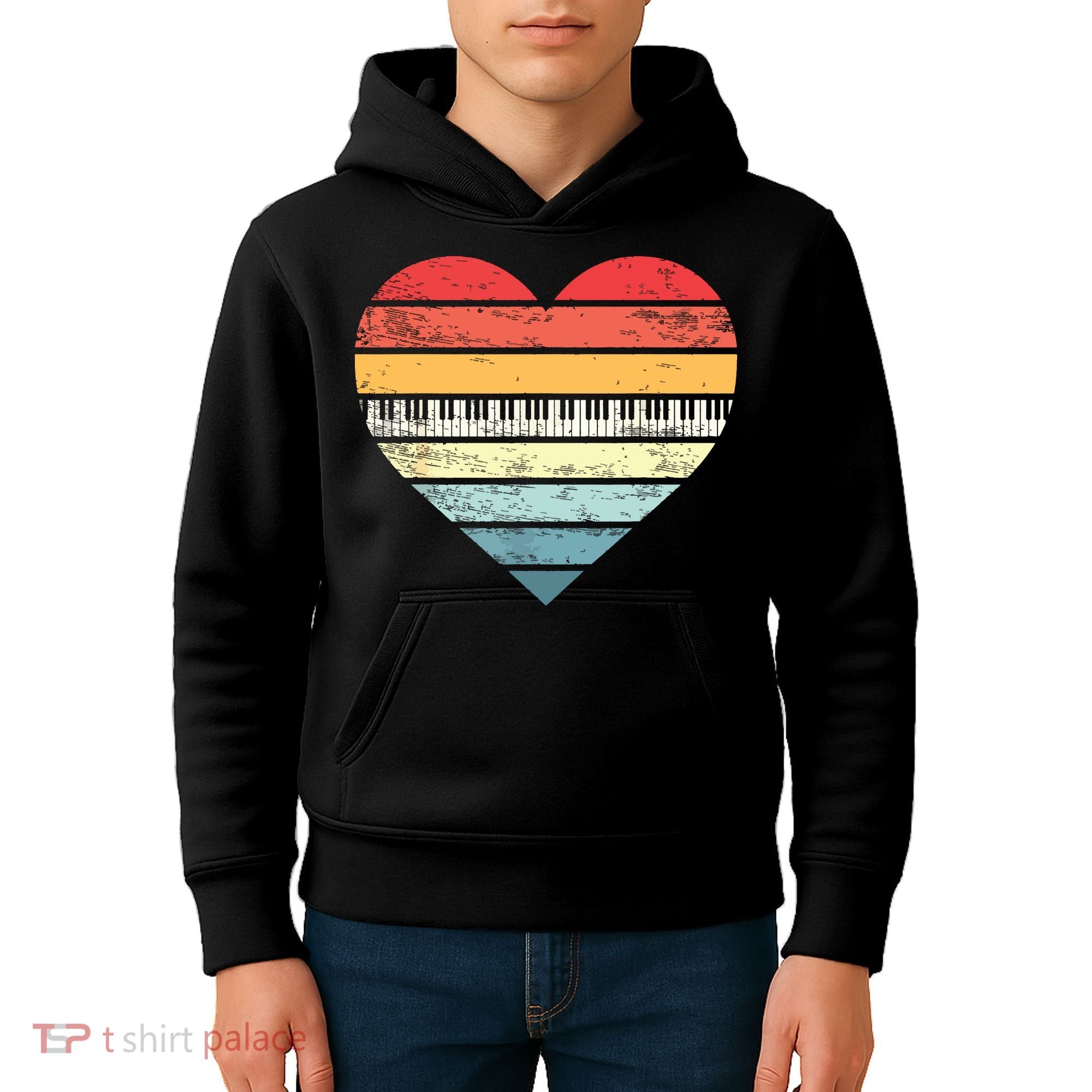 Pianist Gifts Retro Sunset Piano Keyboard Player Teacher Kids Hoodie