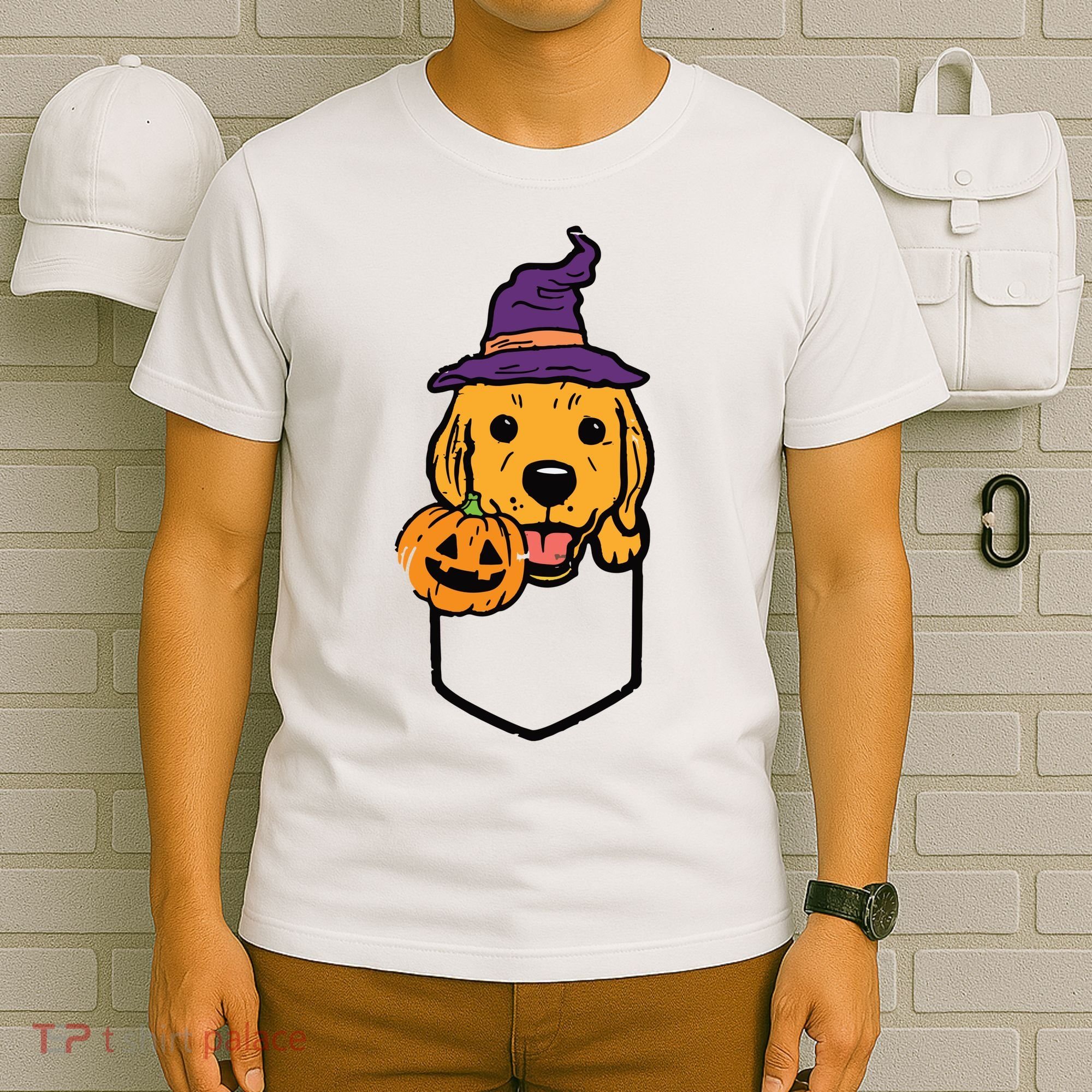 Pocket Golden Retriever Witch Halloween Dog Women T-Shirt