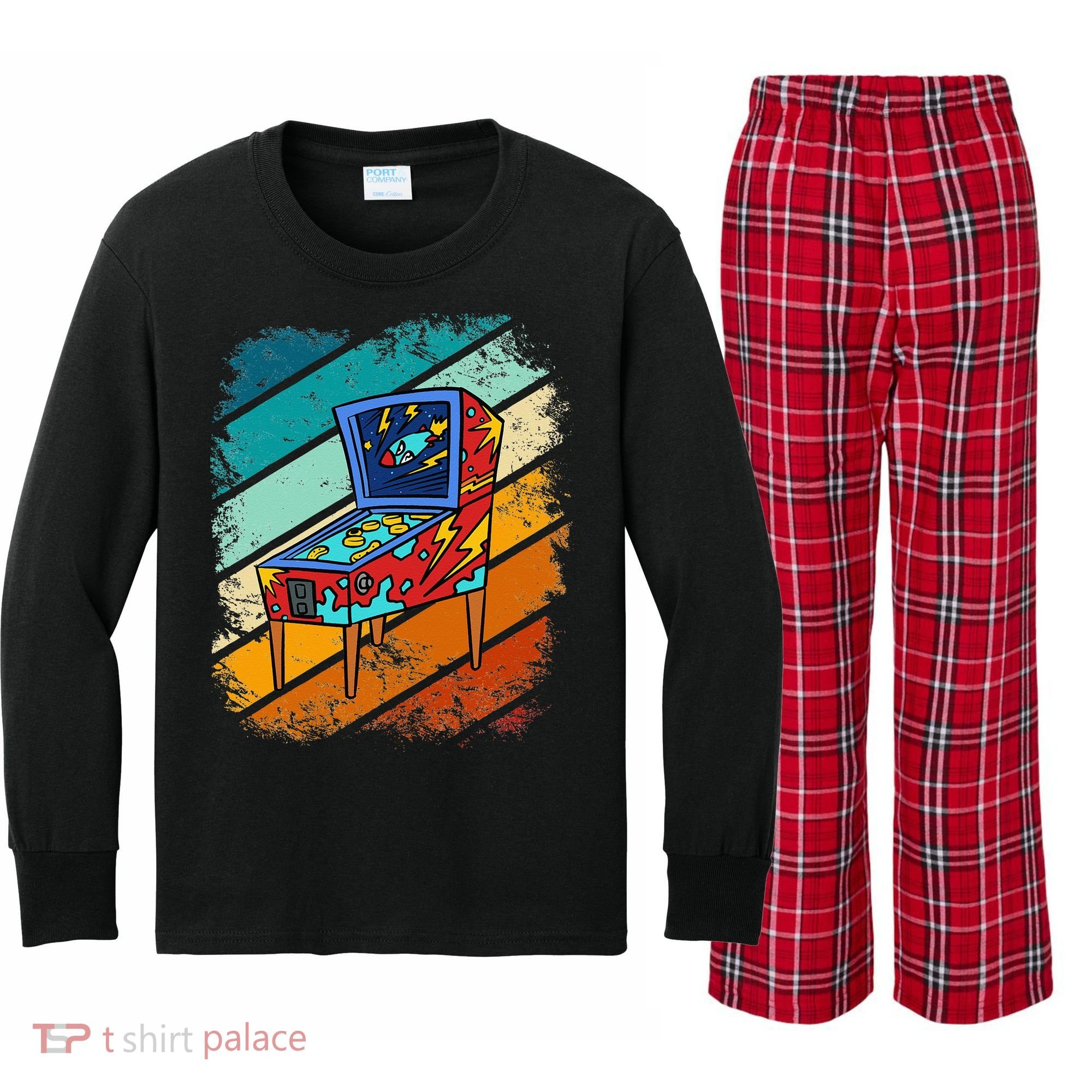 Pinball Gamer Retro Classic Arcade Machine Pin Ball Kids Long Sleeve Plaid Pajama Set