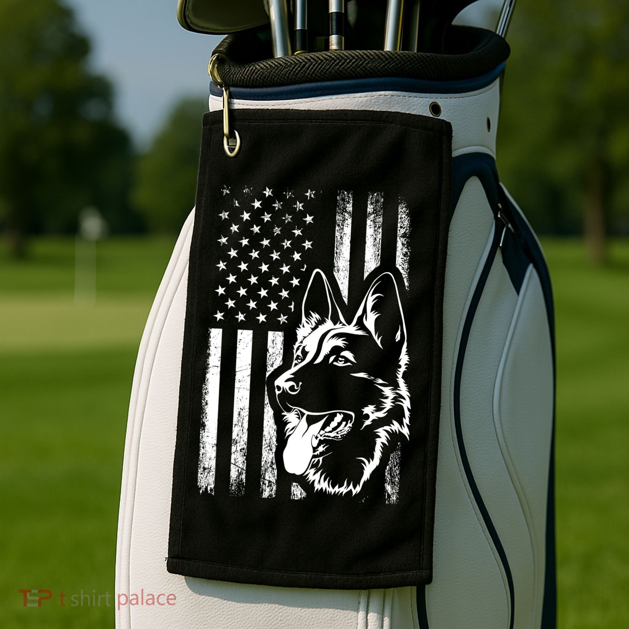Patriotic German Shepherd AMERICAN FLAG Dog Lover Gift TShirt Golf Towel
