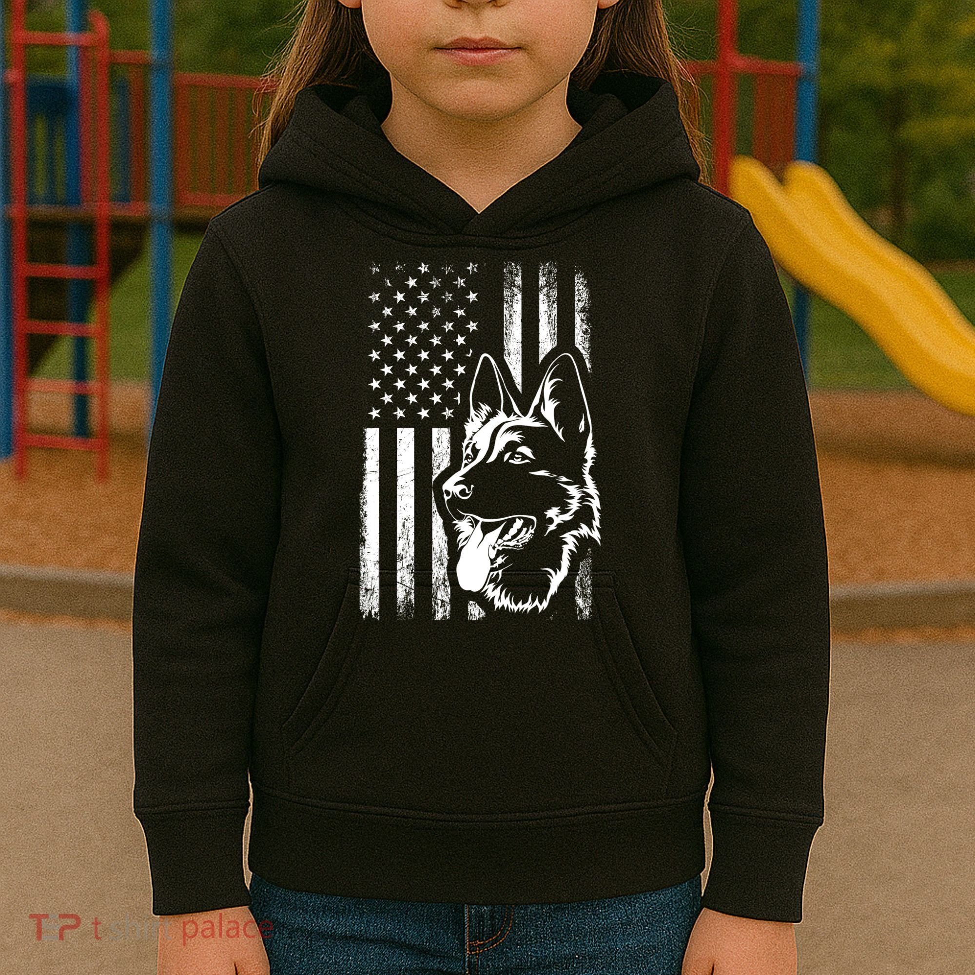Patriotic German Shepherd AMERICAN FLAG Dog Lover Gift TShirt Kids Hoodie
