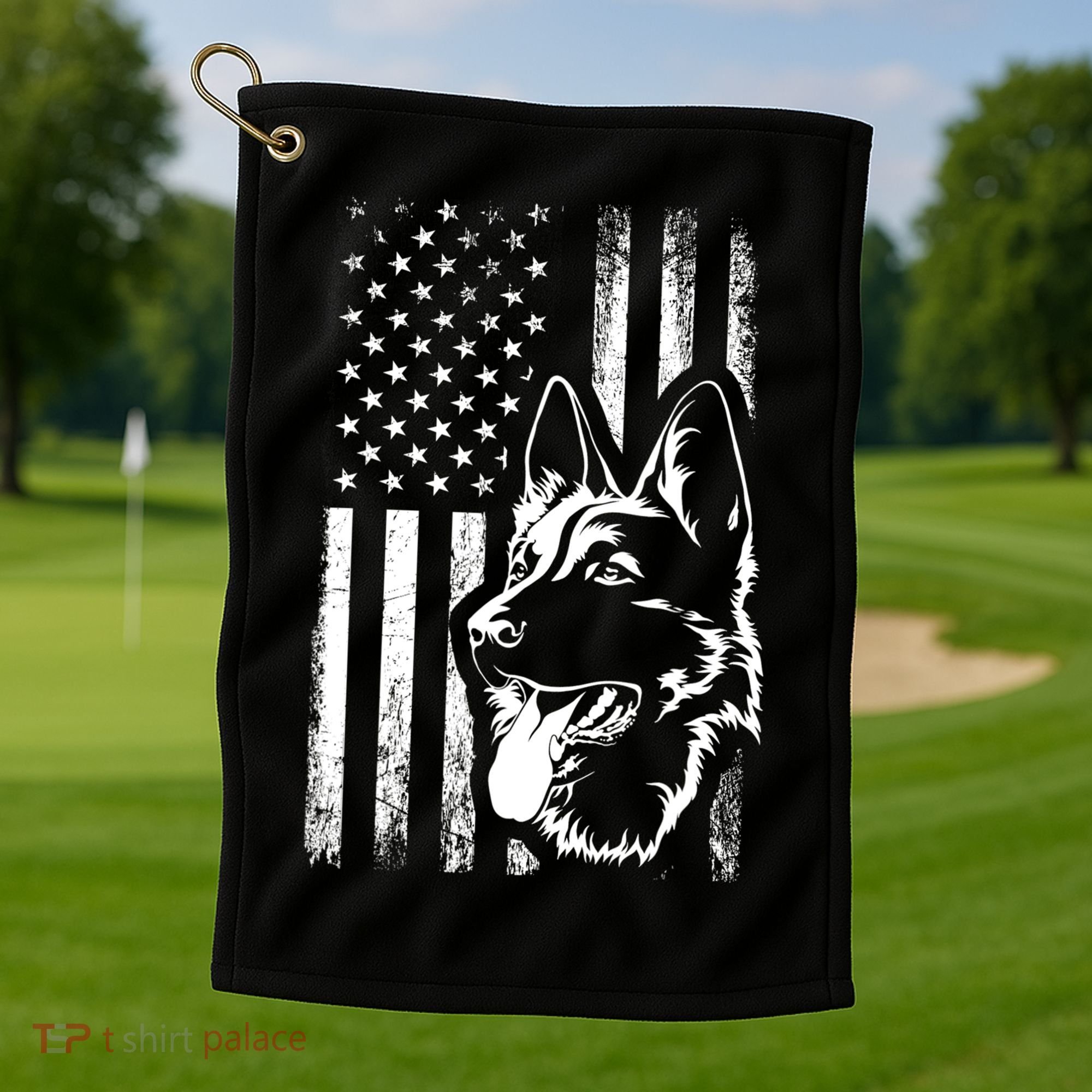 Patriotic German Shepherd AMERICAN FLAG Dog Lover Gift TShirt Golf Towel