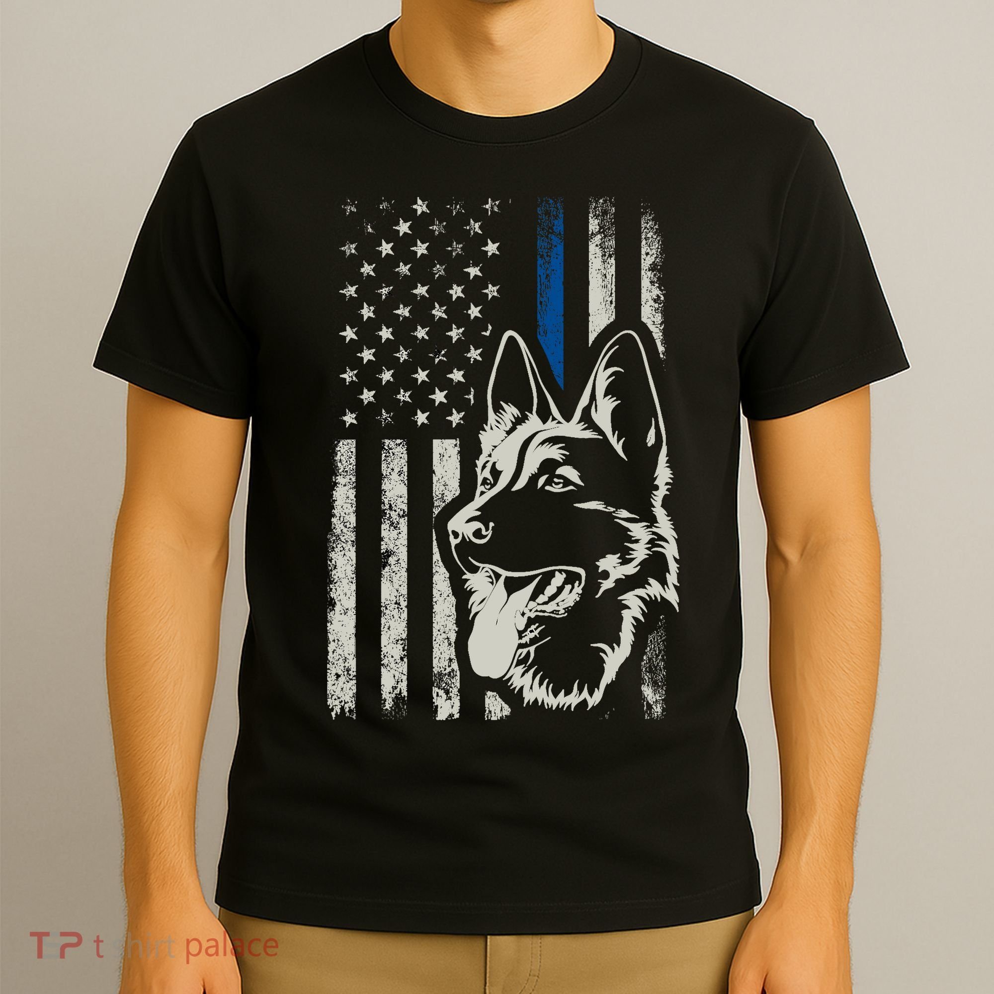 Patriotic German Shepherd K9 Unit Thin Blue Line Police Gift T-Shirt
