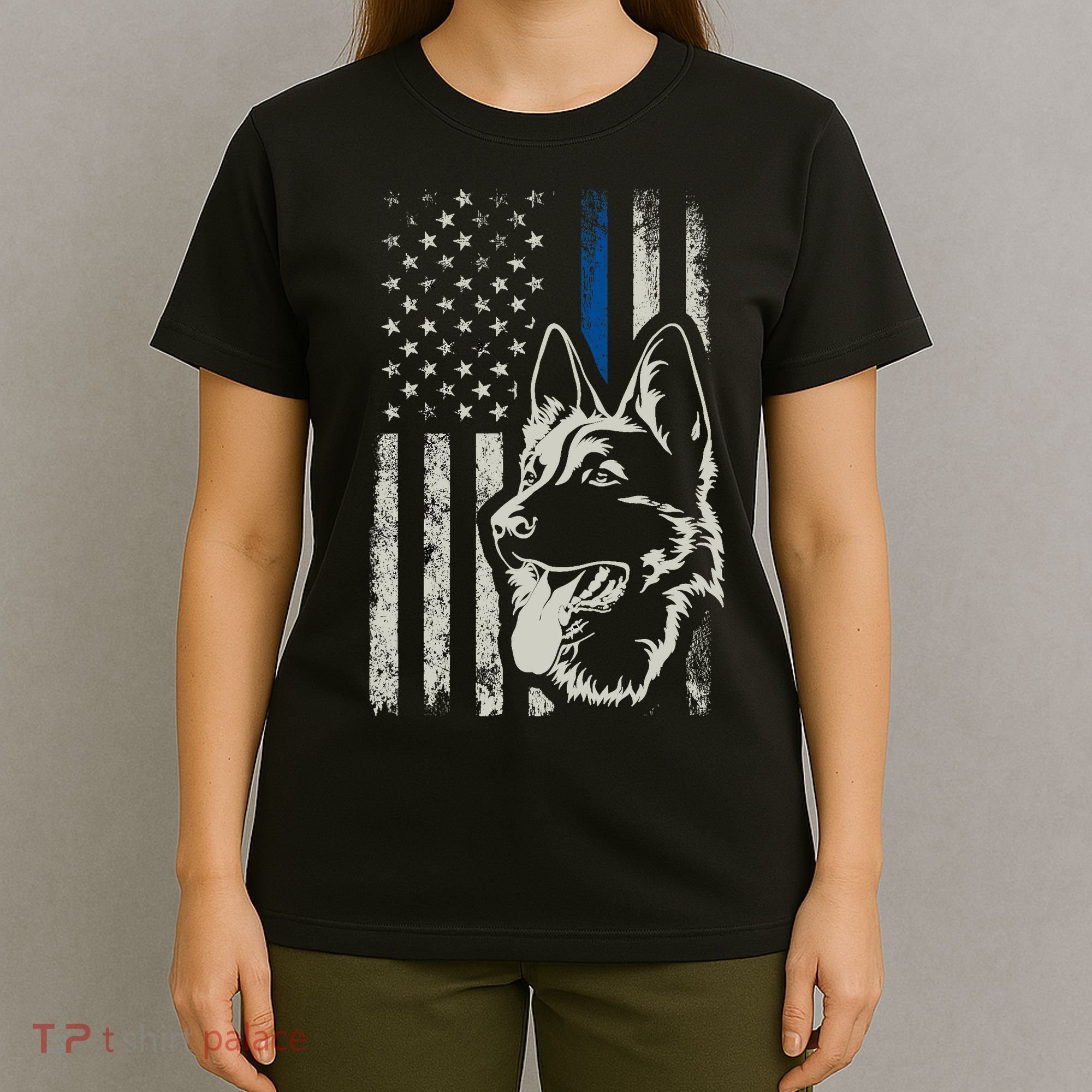 Patriotic German Shepherd K9 Unit Thin Blue Line Police Gift T-Shirt