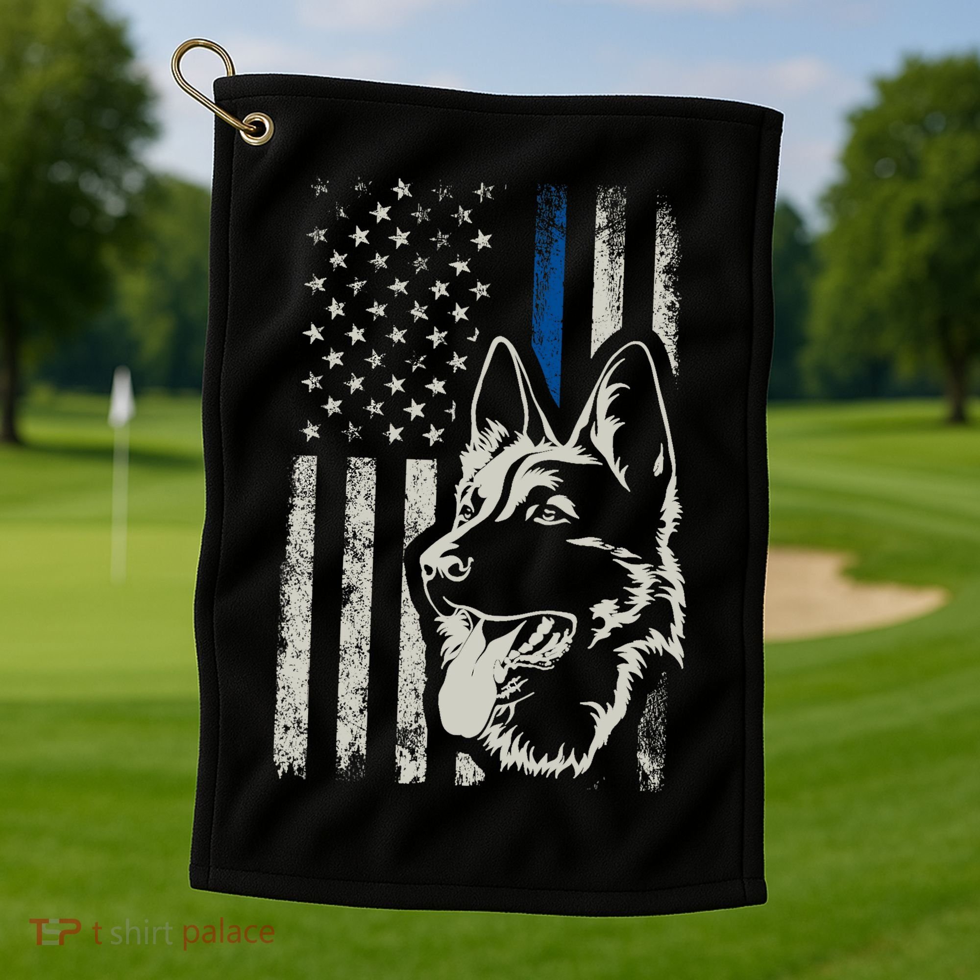 Patriotic German Shepherd K9 Unit Thin Blue Line Police Gift Golf Towel