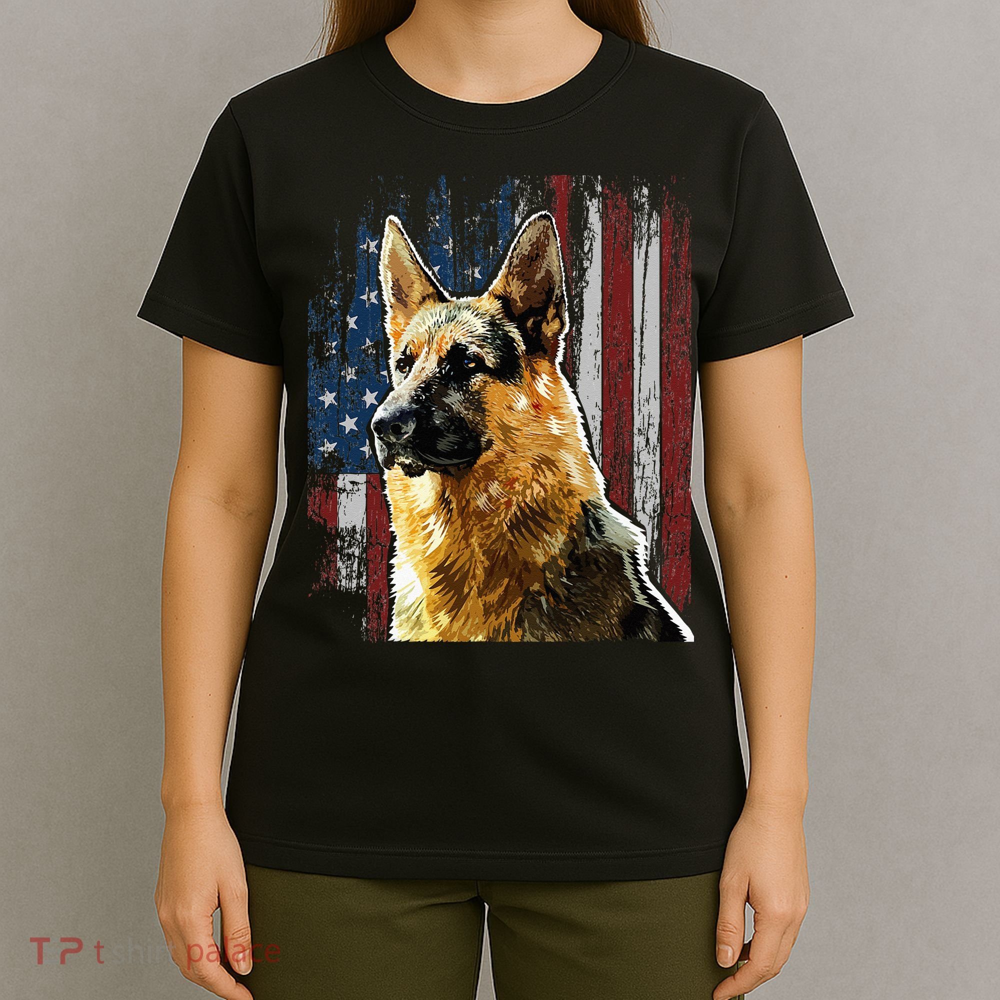 Patriotic German Shepherd American Flag Dog Gift Men Women T-Shirt
