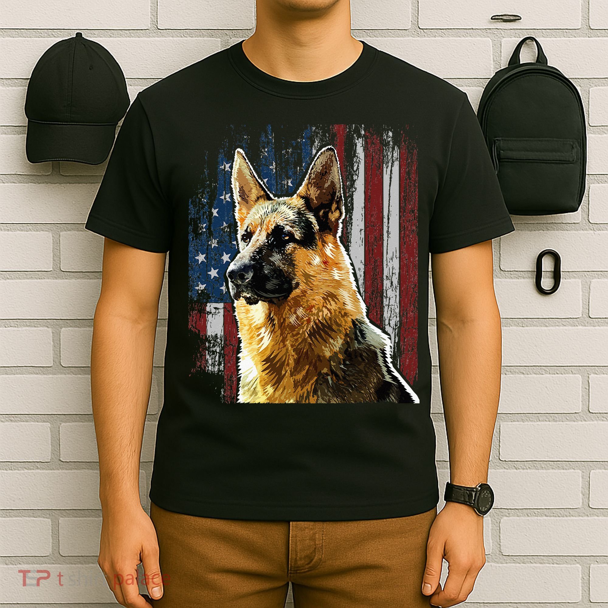 Patriotic German Shepherd American Flag Dog Gift Men Women T-Shirt