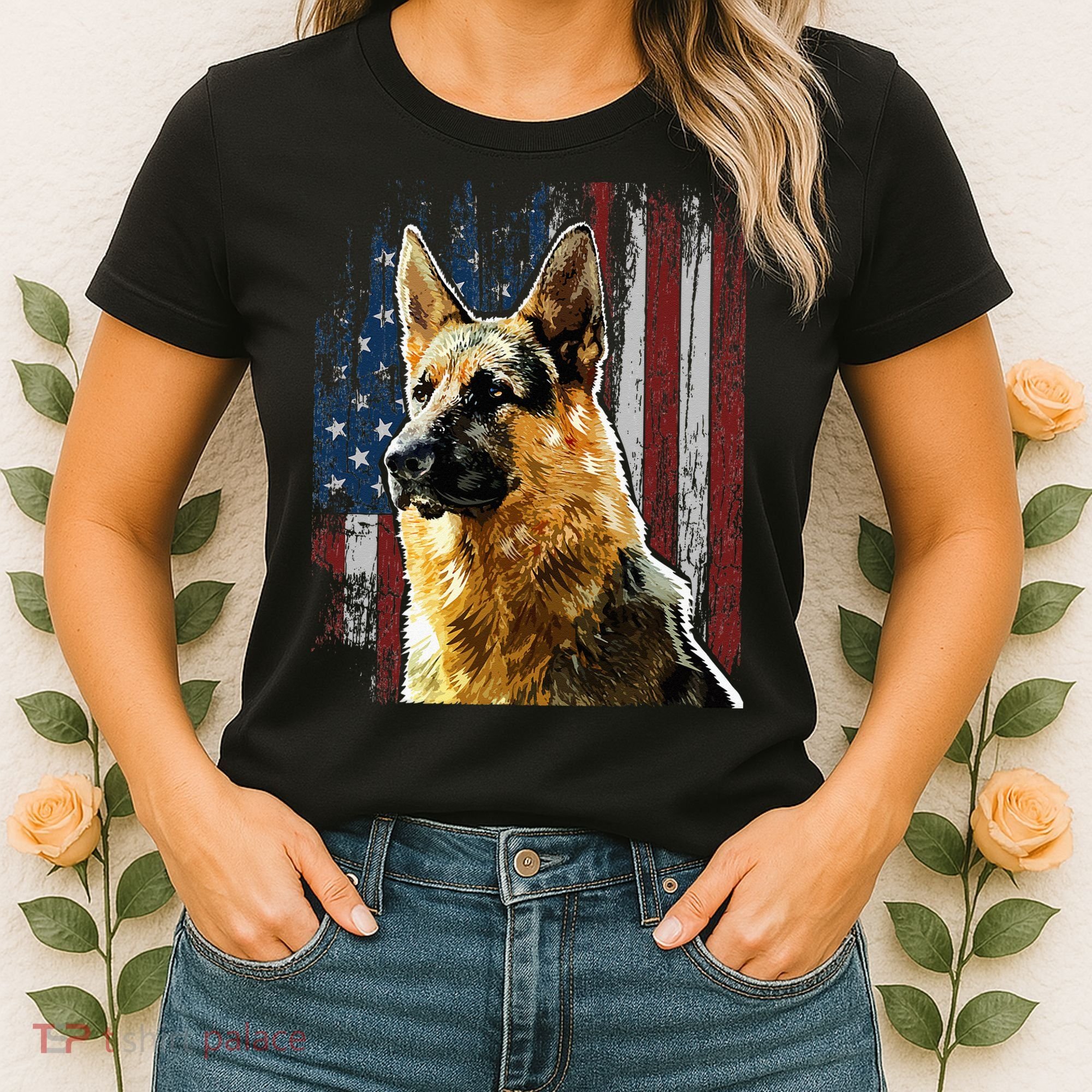 Patriotic German Shepherd American Flag Dog Gift Men Women Women's T-Shirt