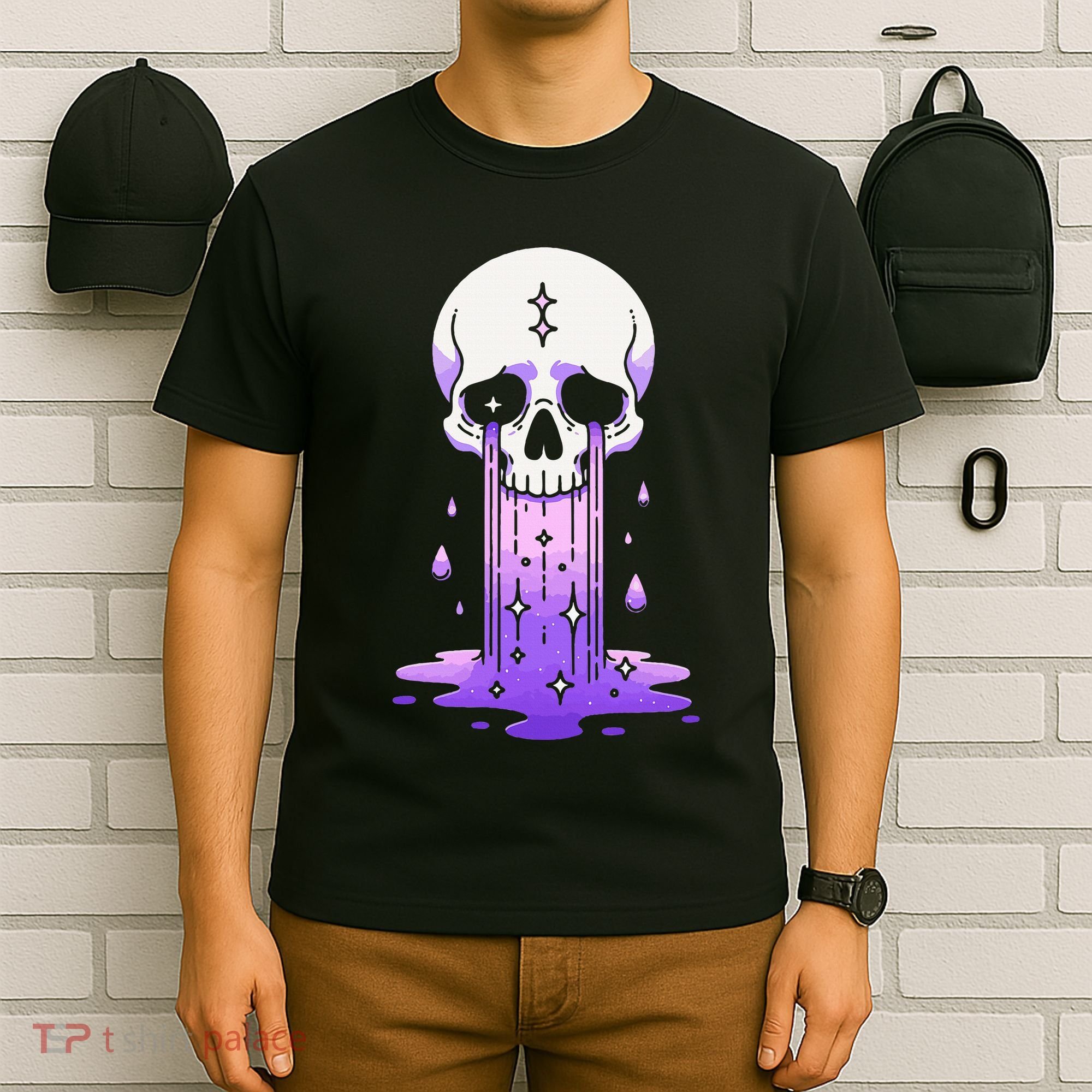 Pastel Goth Skull Crying Sad Stars Purple Alt Aesthetic T-Shirt