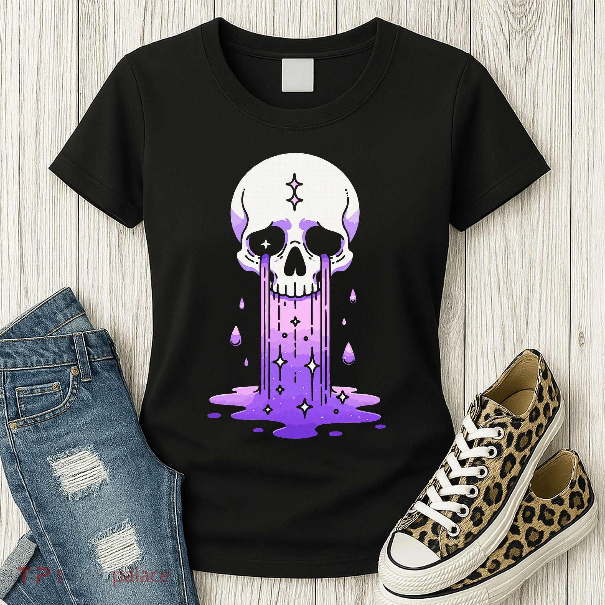 Pastel Goth Skull Crying Sad Stars Purple Alt Aesthetic Women's T-Shirt