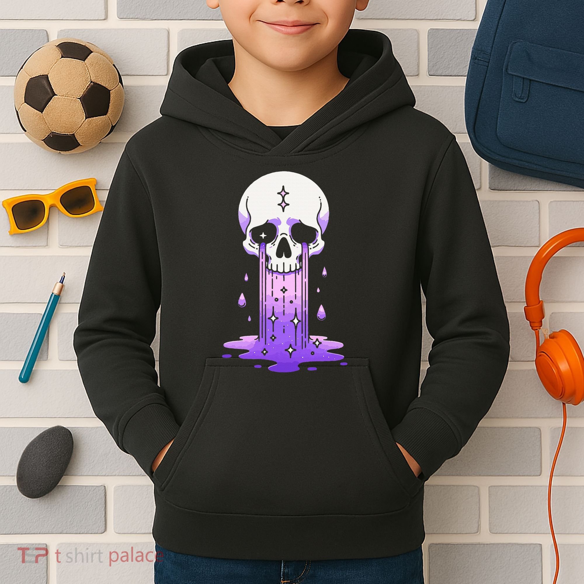 Pastel Goth Skull Crying Sad Stars Purple Alt Aesthetic Kids Hoodie