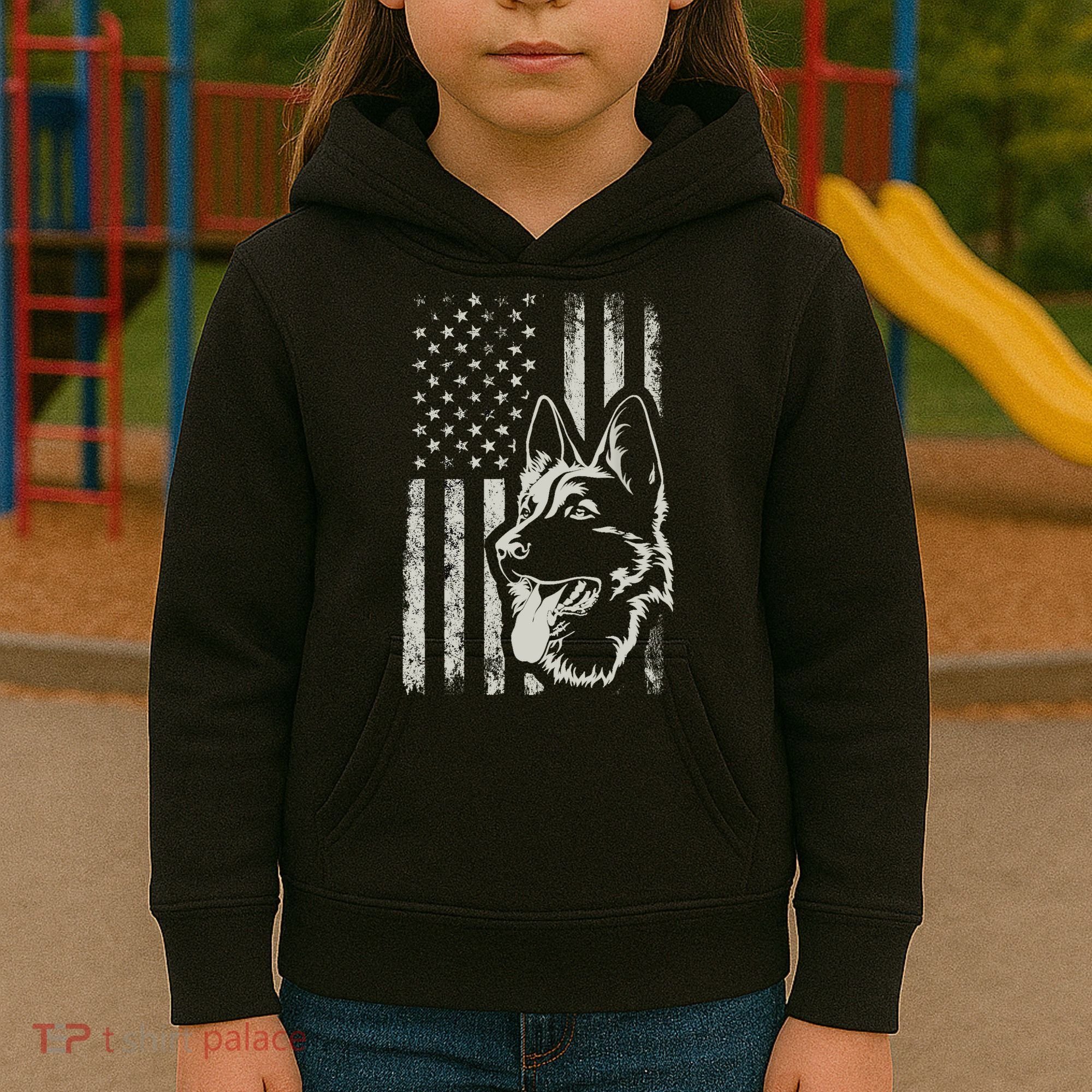 Patriotic German Shepherd AMERICAN FLAG 4th Of July Shepherd Kids Hoodie