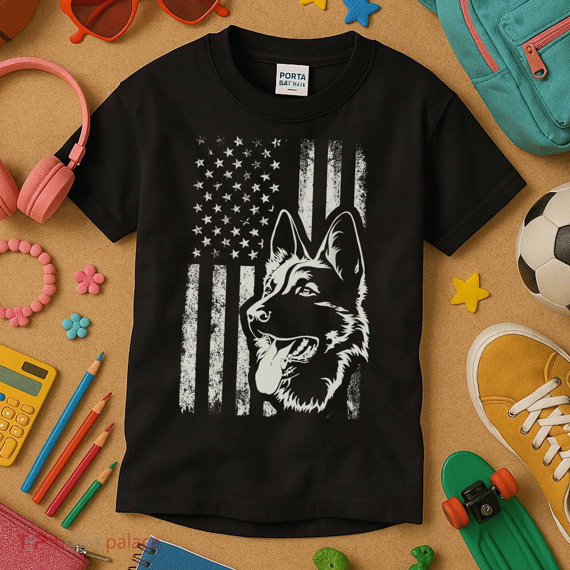 Patriotic German Shepherd AMERICAN FLAG 4th Of July Shepherd Kids T-Shirt