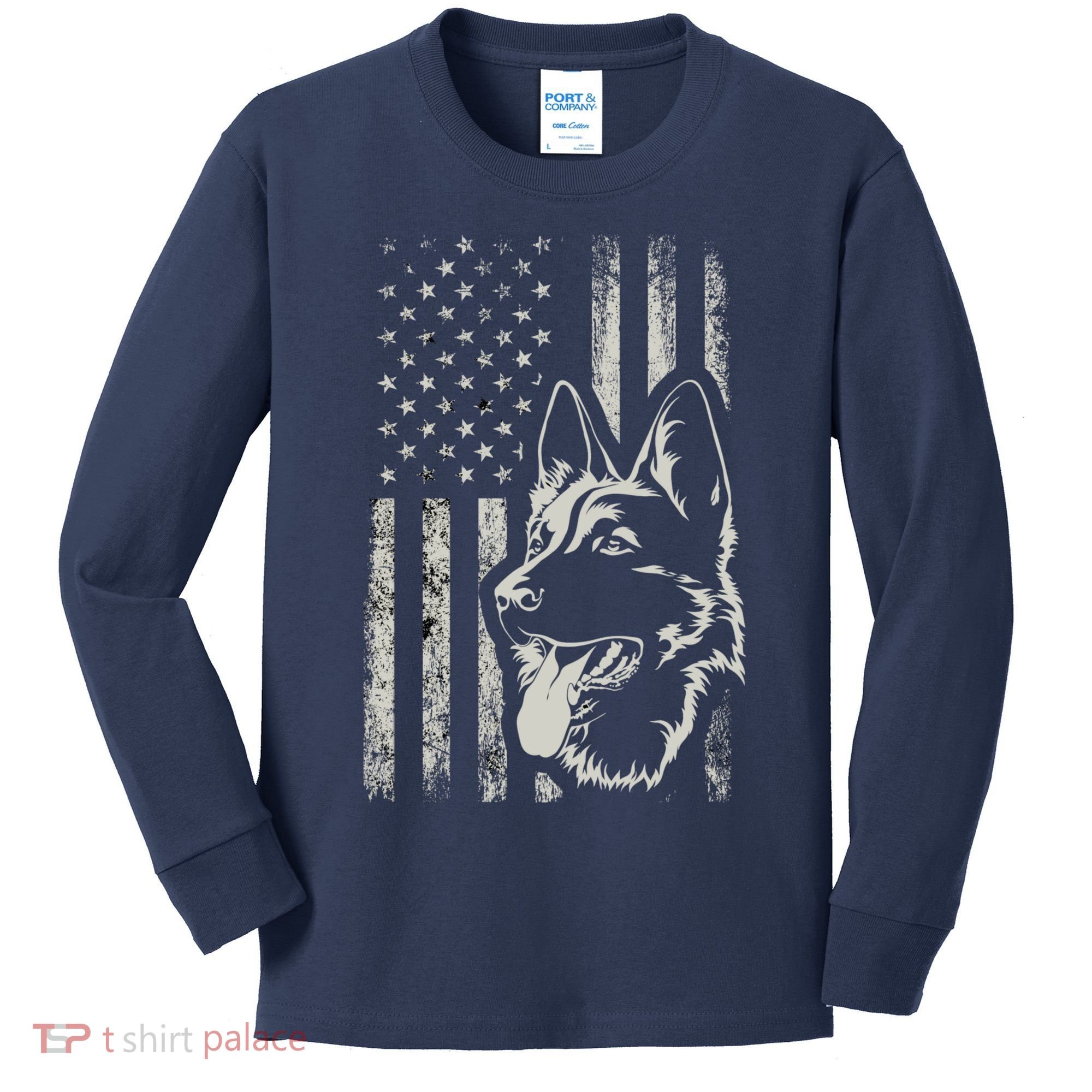 Patriotic German Shepherd AMERICAN FLAG 4th Of July Shepherd Kids Long Sleeve Shirt