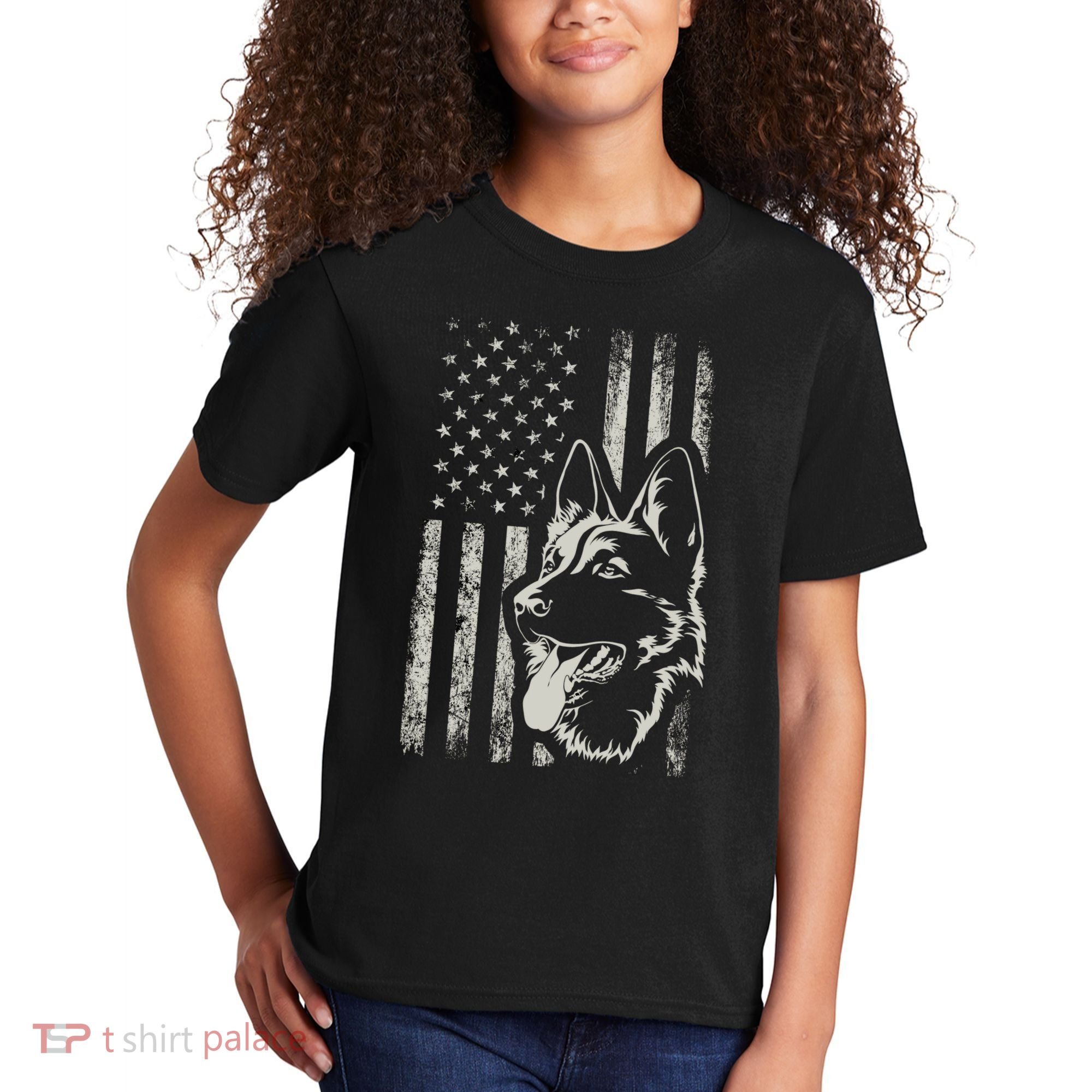 Patriotic German Shepherd AMERICAN FLAG 4th Of July Shepherd Kids T-Shirt