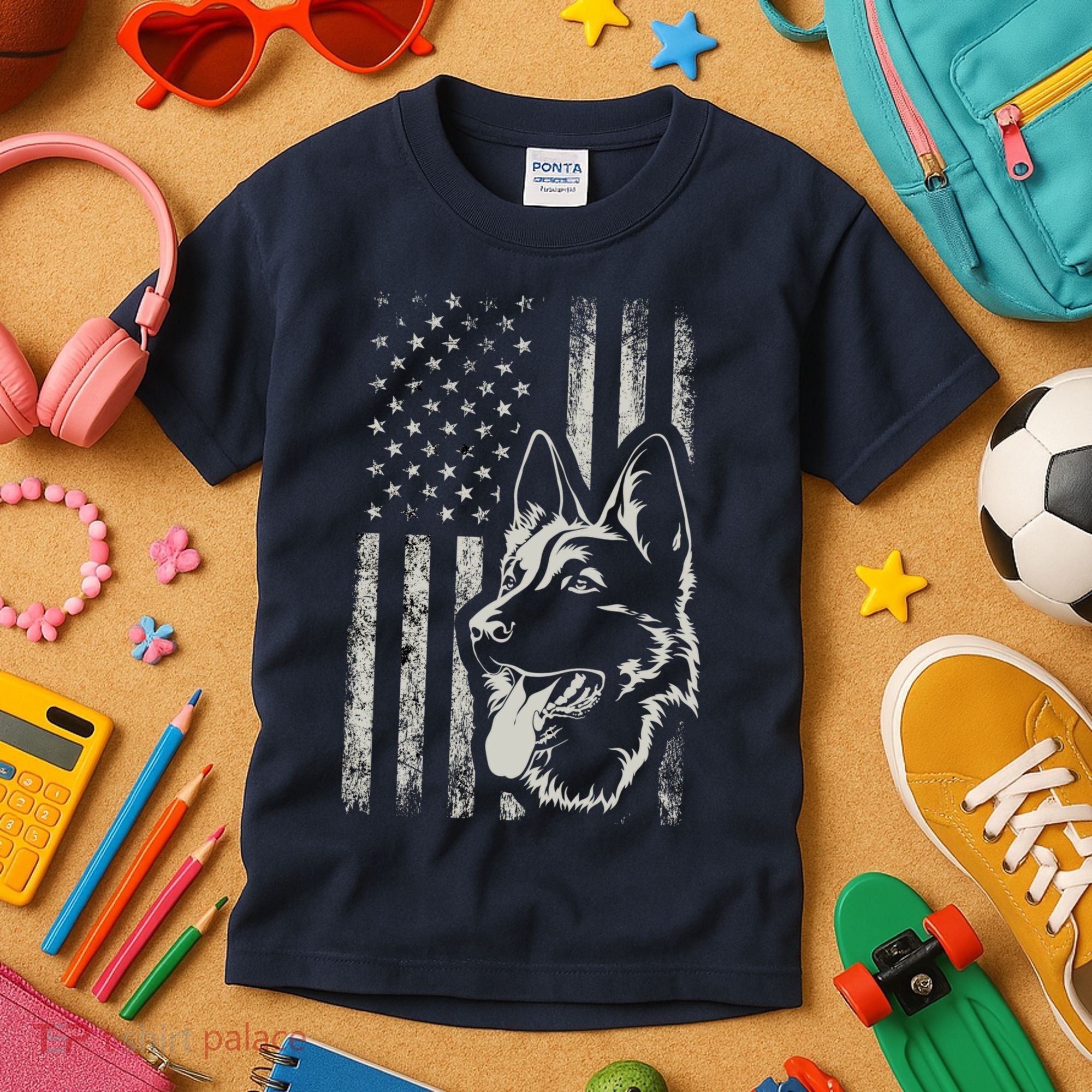 Patriotic German Shepherd AMERICAN FLAG 4th Of July Shepherd Kids T-Shirt