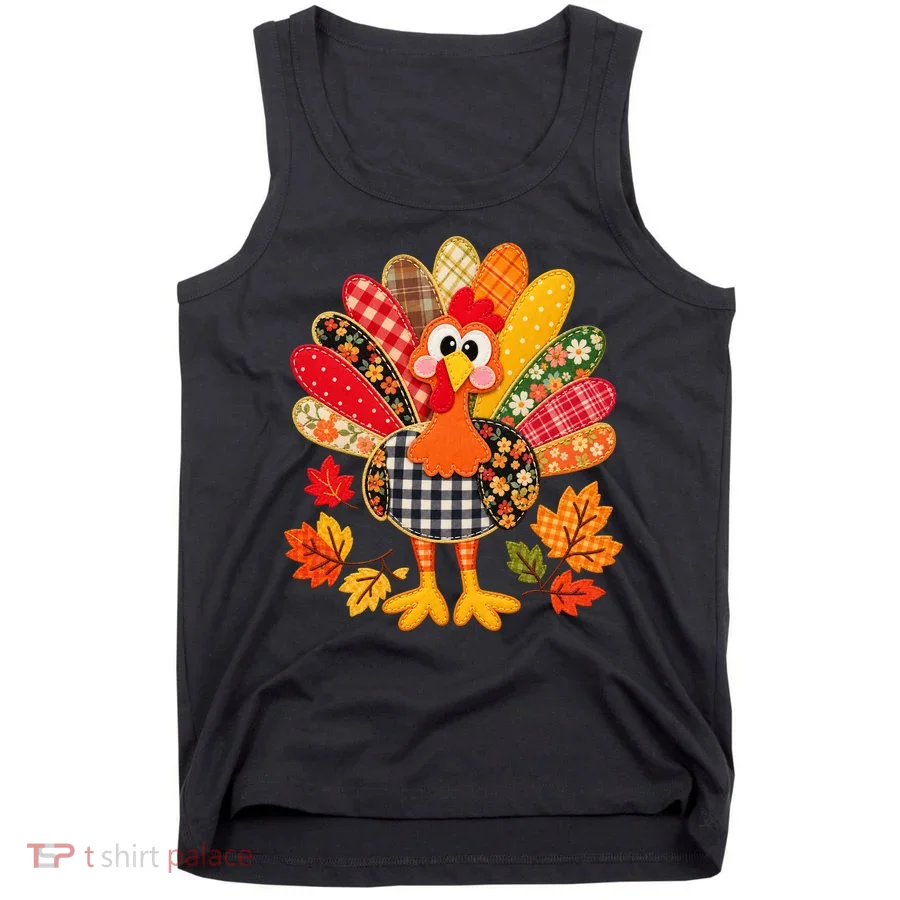 Patchwork Gobble Thankful Vintage Fall Leaves Tank Top