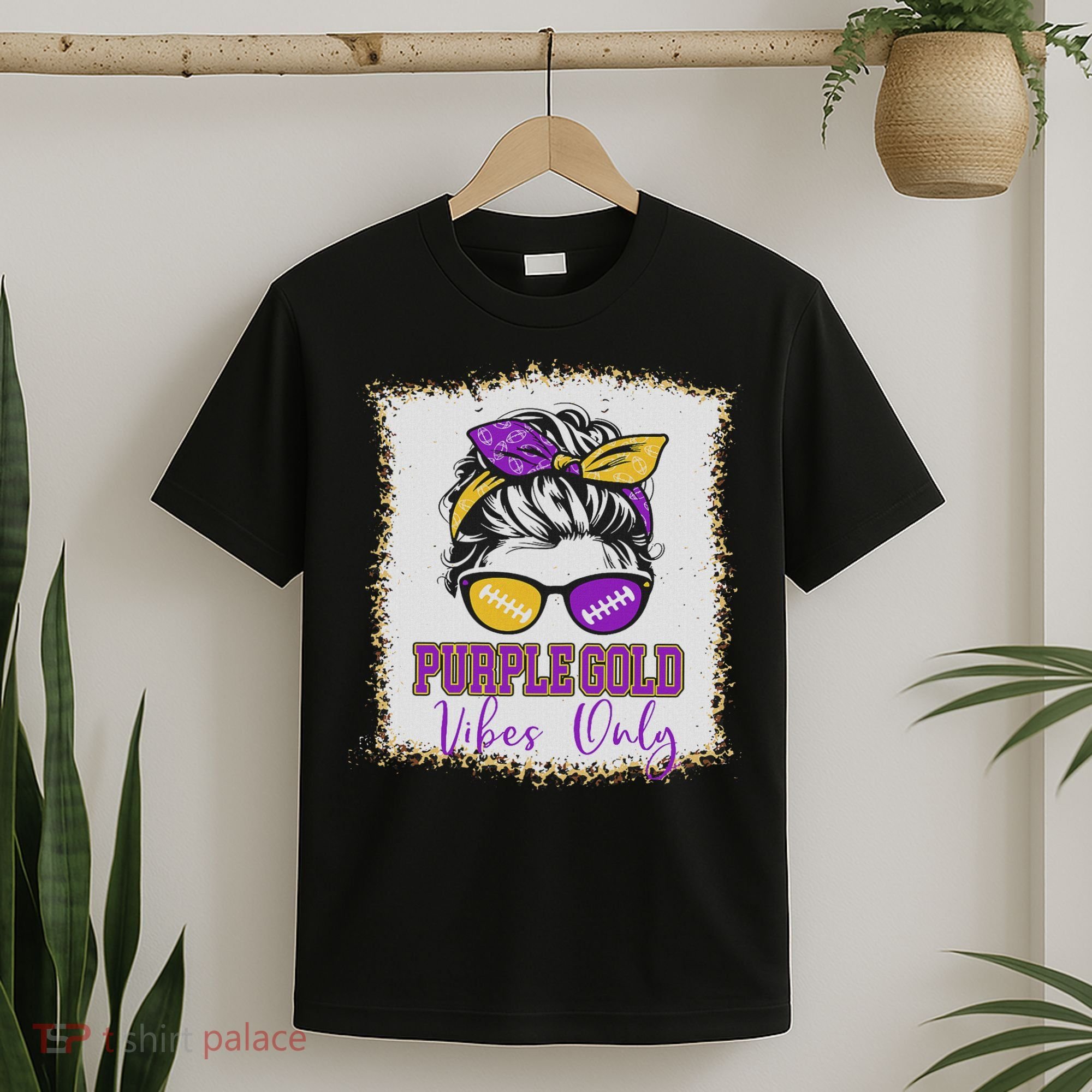 Purple Gold Vibes Only Football Women Leopard Football T-Shirt