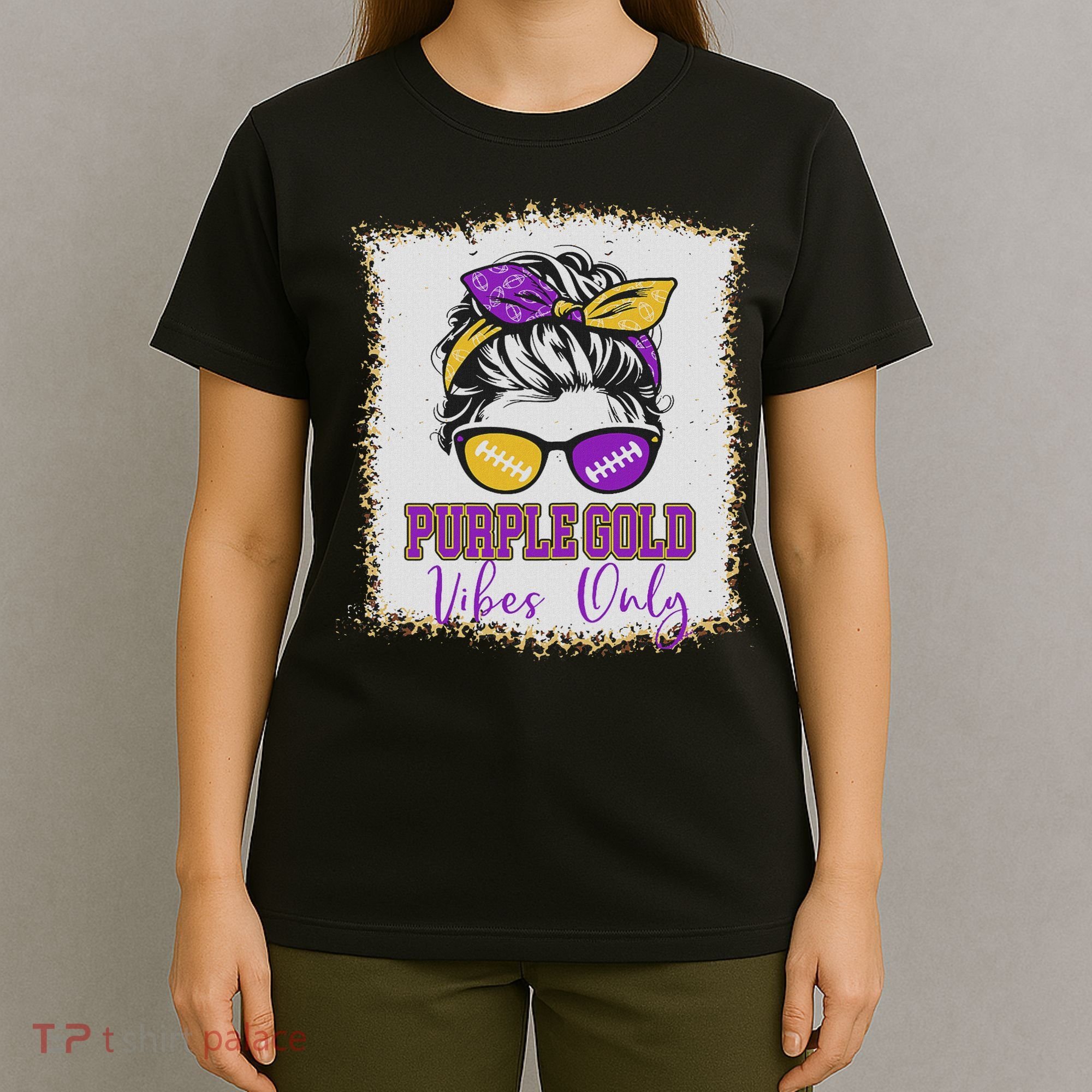Purple Gold Vibes Only Football Women Leopard Football T-Shirt