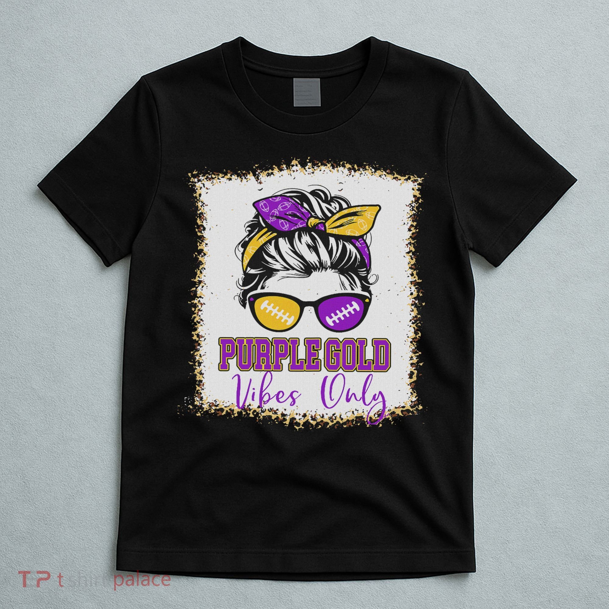 Purple Gold Vibes Only Football Women Leopard Football T-Shirt