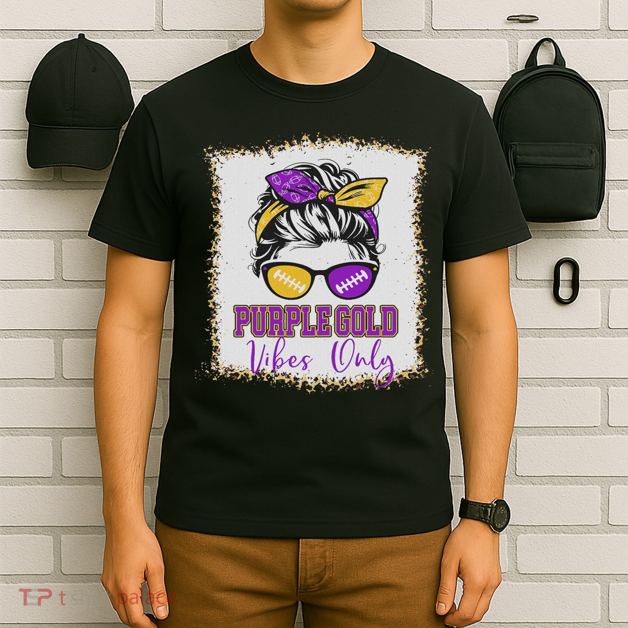 Purple Gold Vibes Only Football Women Leopard Football T-Shirt
