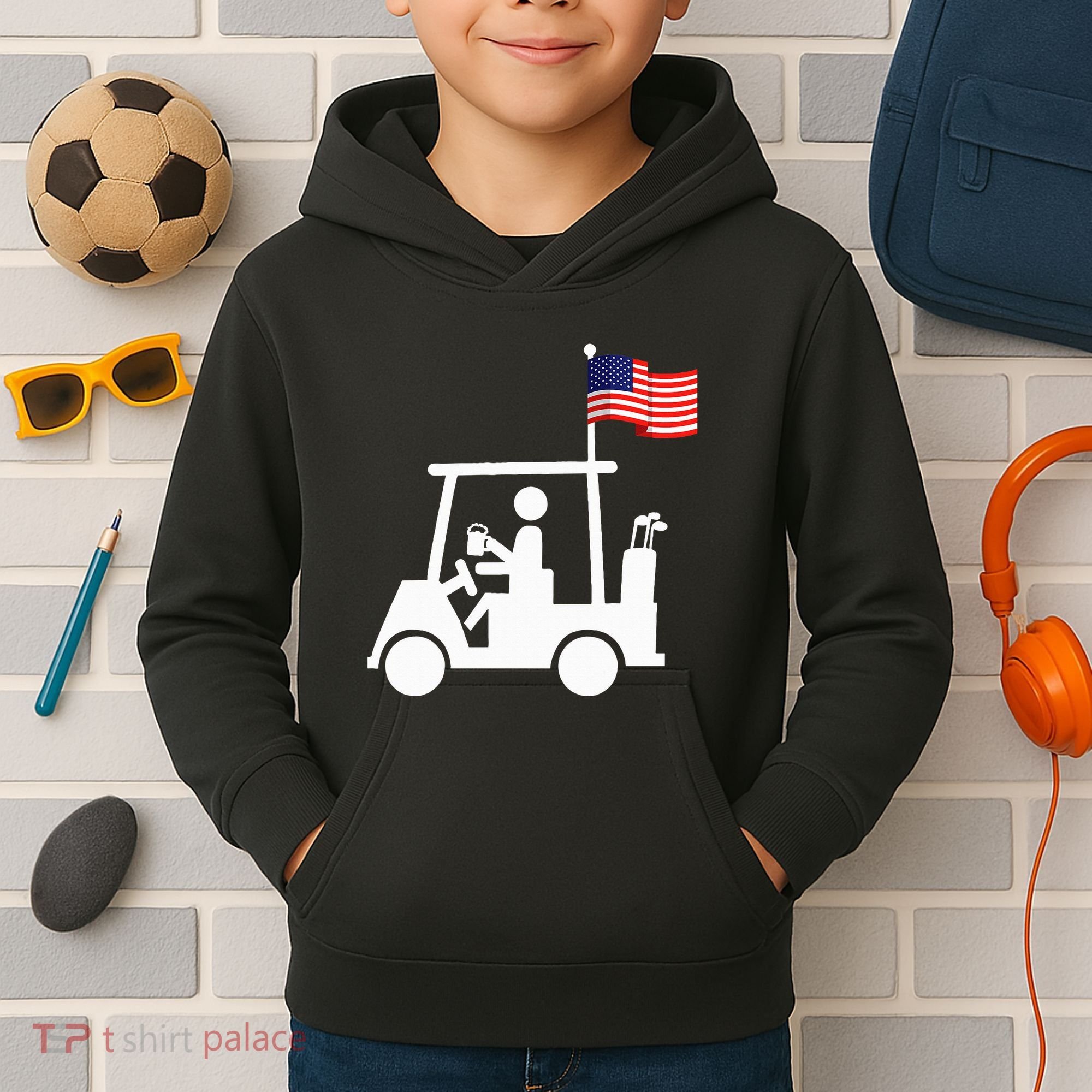 Patriotic Golf Wear Usa Strong Golf Cart Kids Hoodie