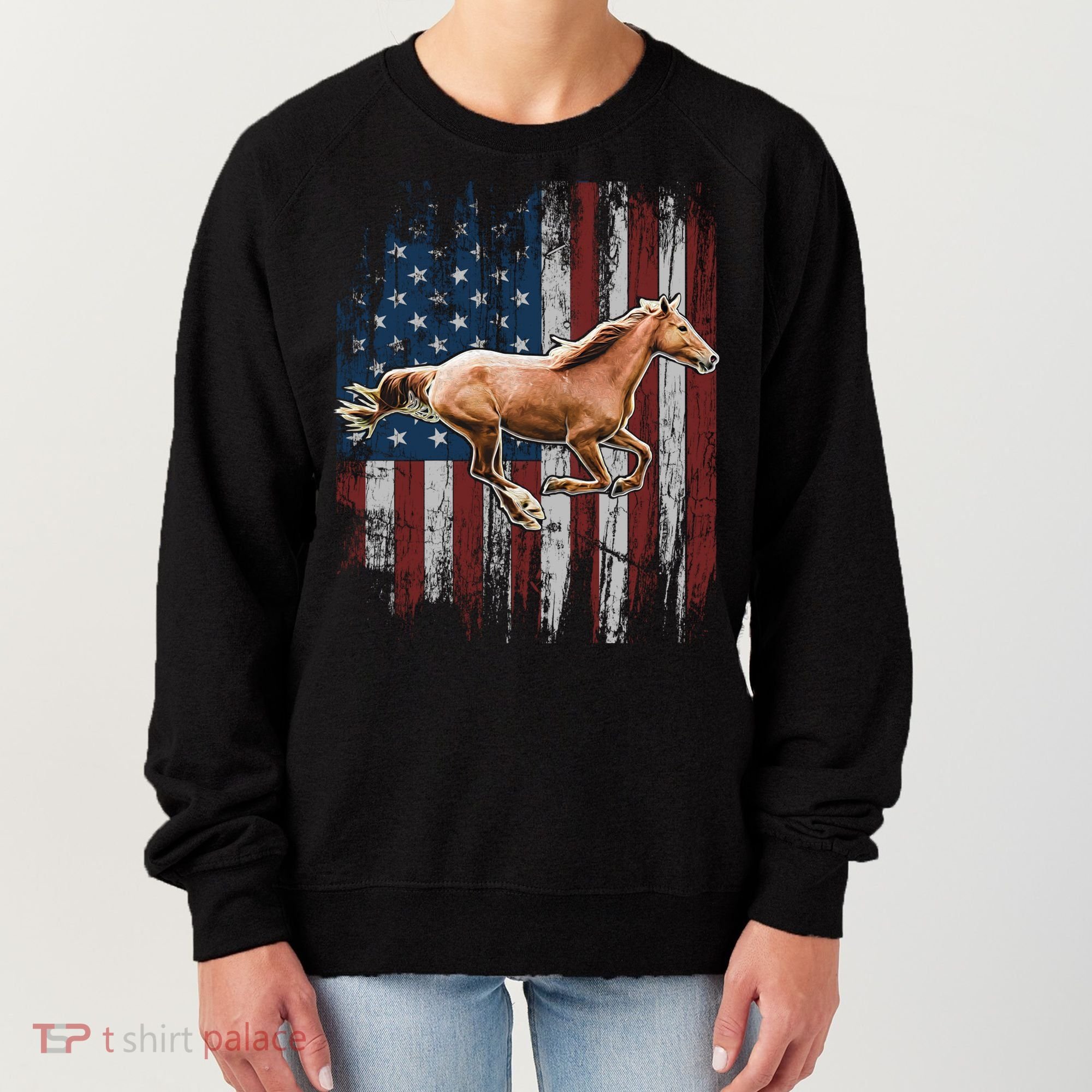 Patriotic Horse American Flag Horseback Riding Farm Gift Women's Sweatshirt