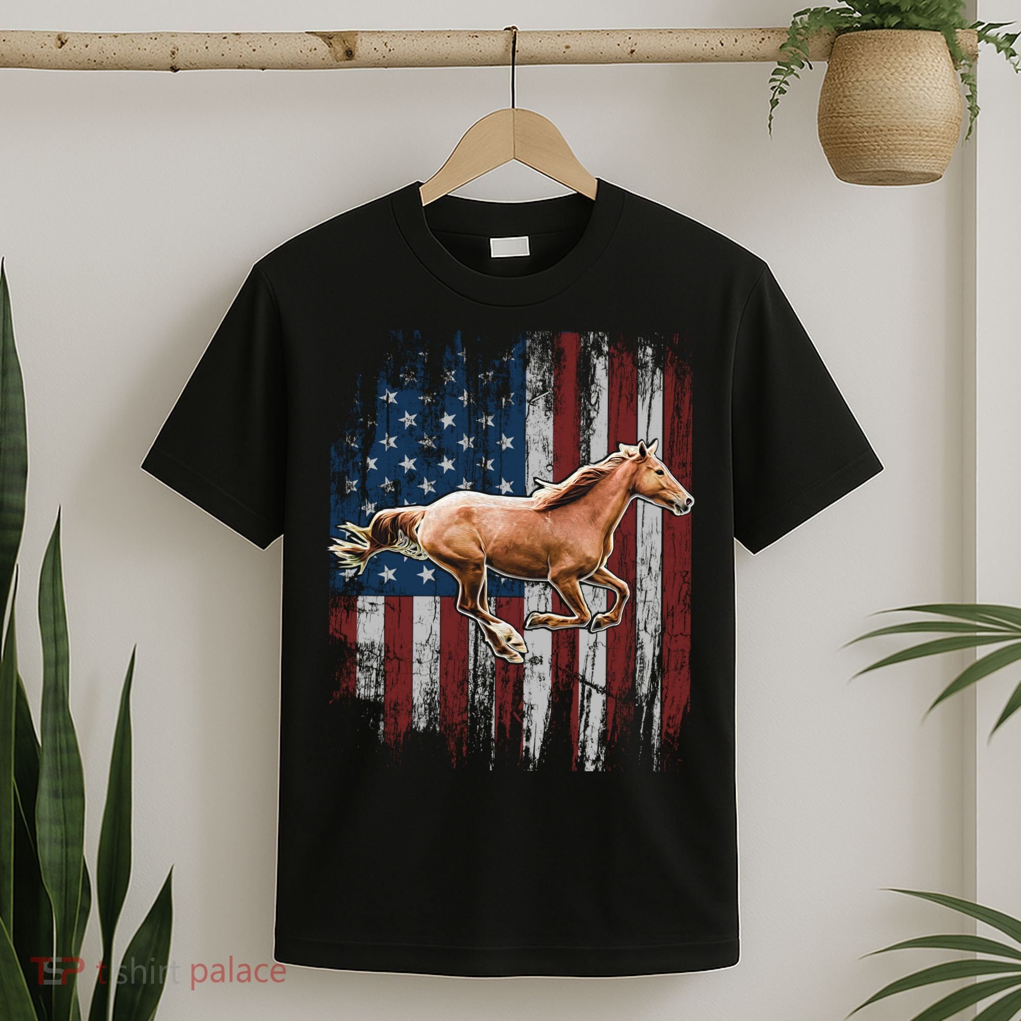 Patriotic Horse American Flag Horseback Riding Farm Gift T-Shirt
