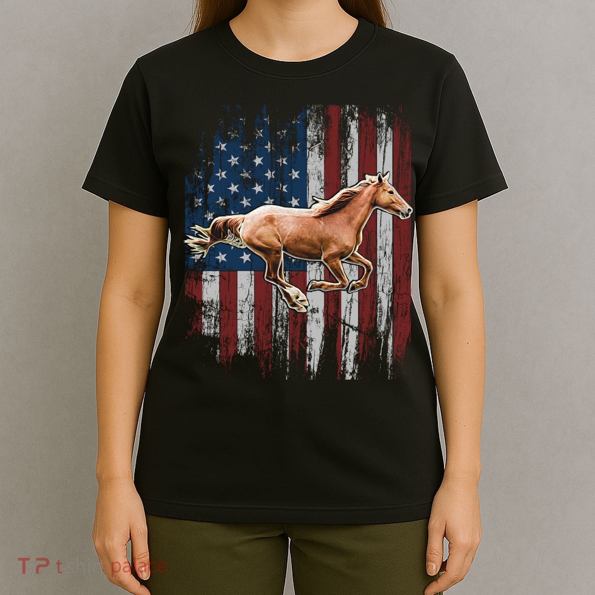 Patriotic Horse American Flag Horseback Riding Farm Gift T-Shirt