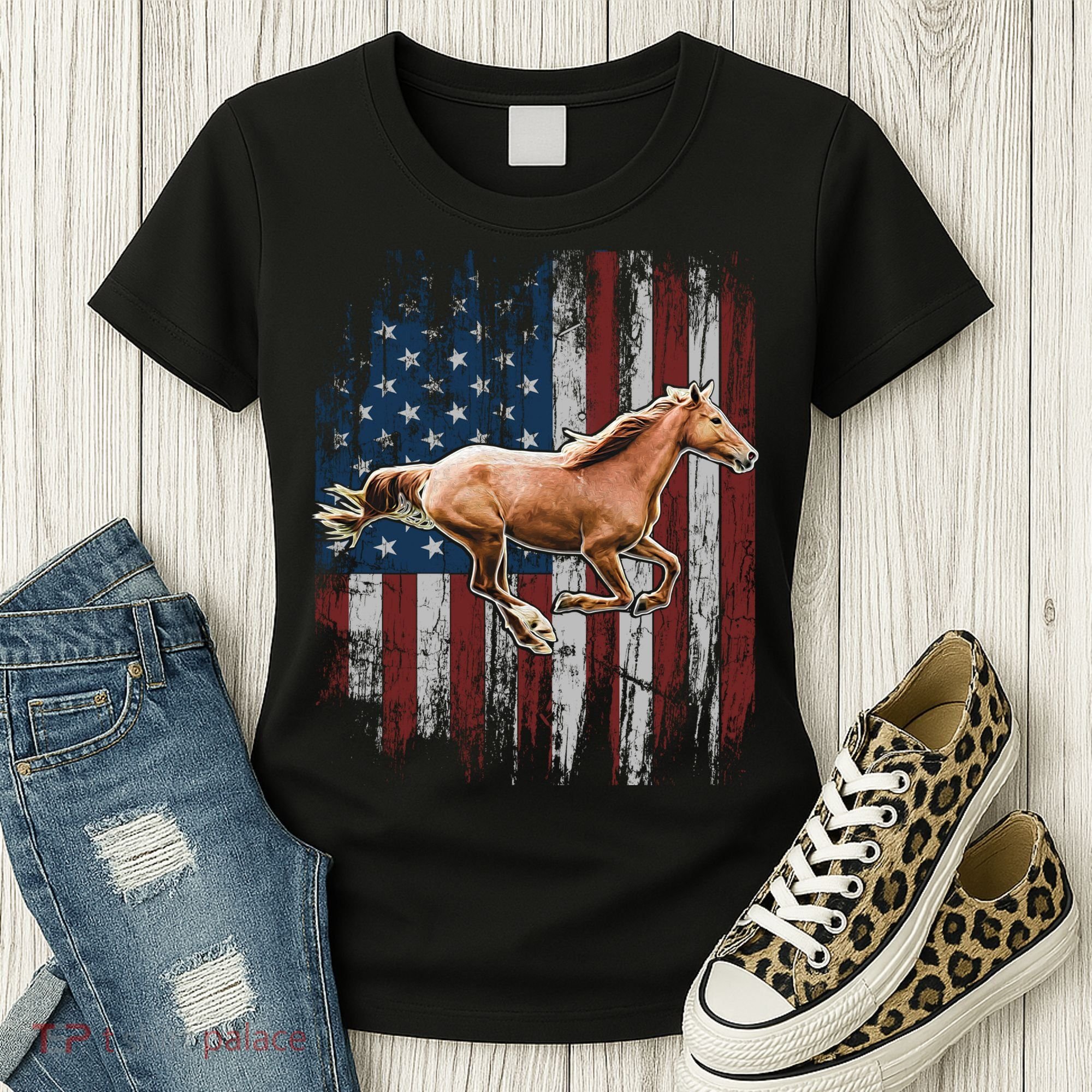 Patriotic Horse American Flag Horseback Riding Farm Gift Women's T-Shirt