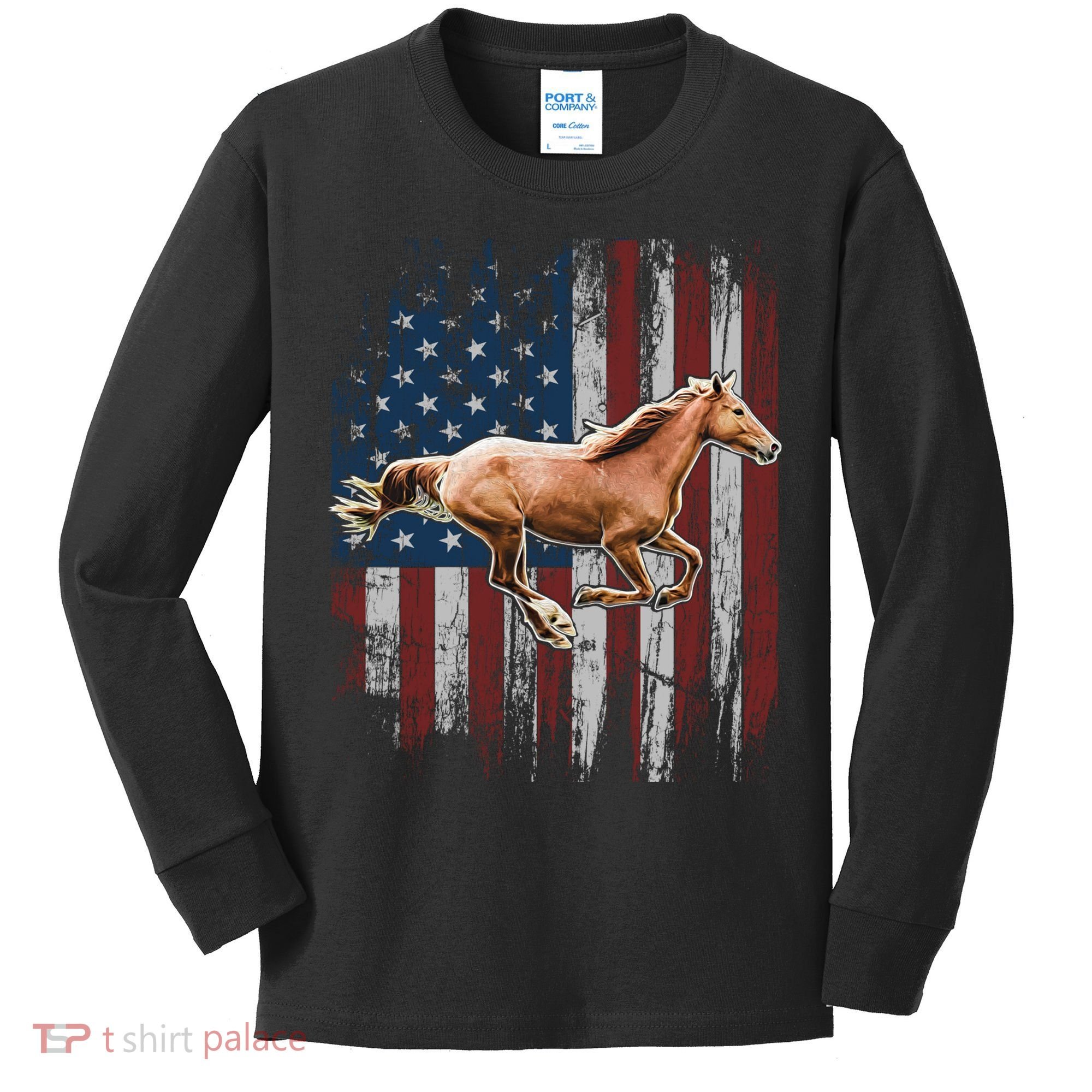 Patriotic Horse American Flag Horseback Riding Farm Gift Kids Long Sleeve Shirt