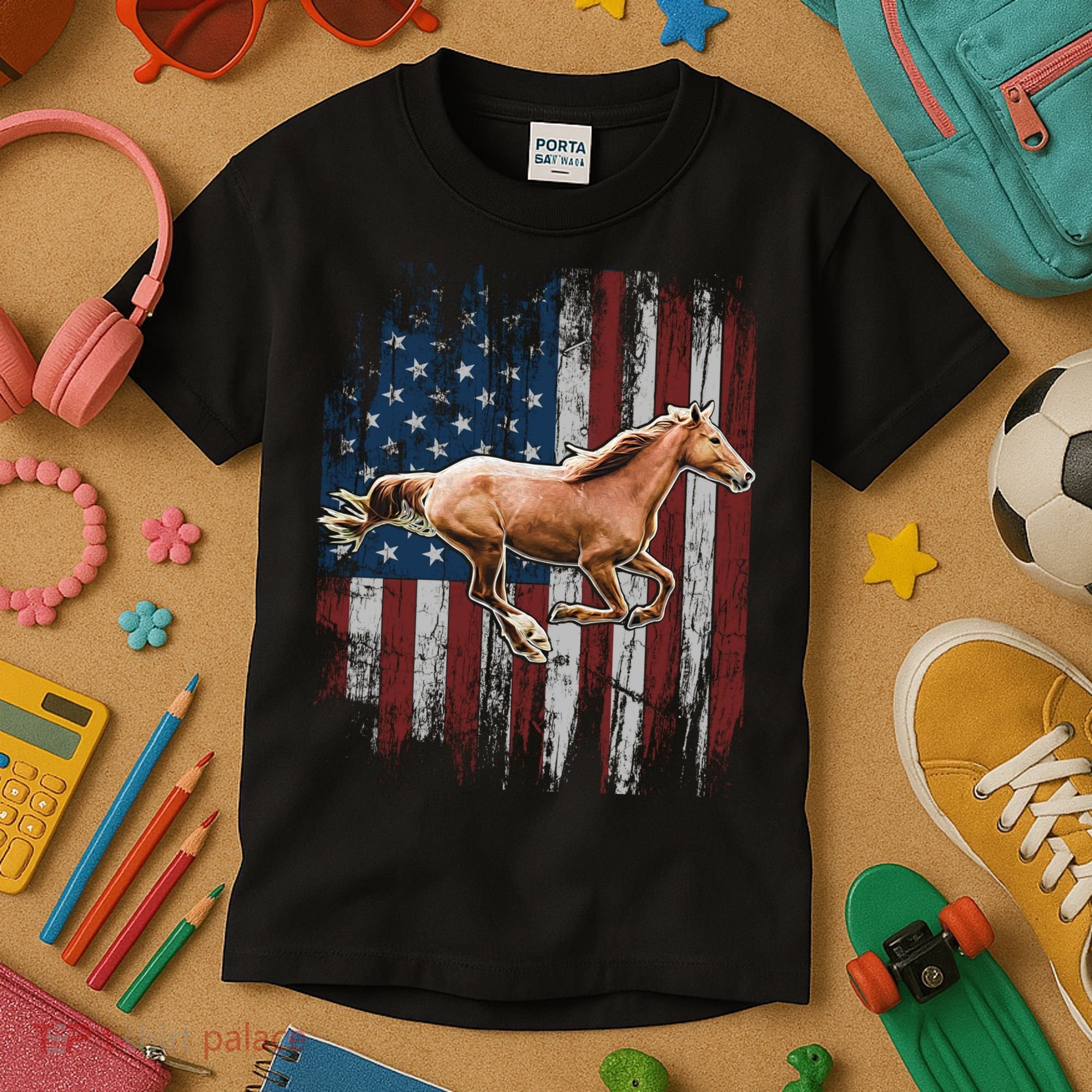 Patriotic Horse American Flag Horseback Riding Farm Gift Kids T-Shirt