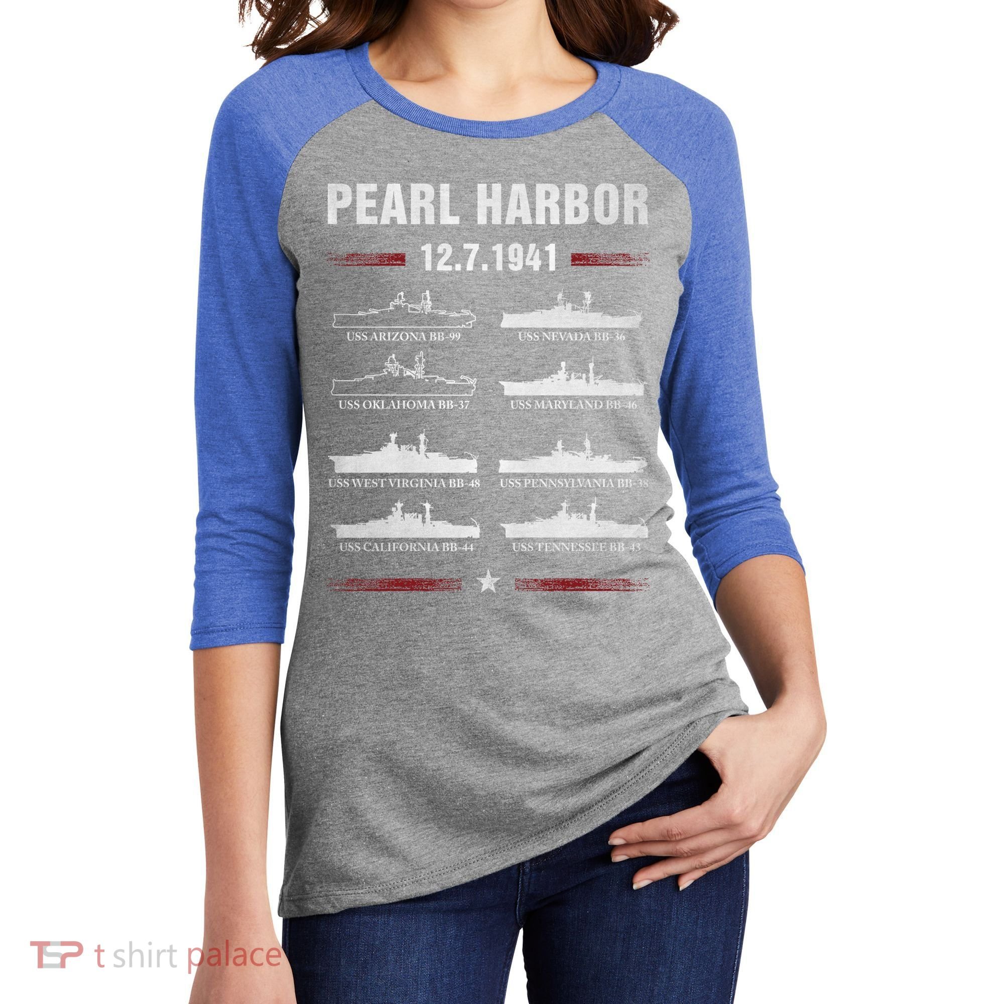 Pearl Harbor Battleship Memorial Day December 7th 1941 Wwii Cute Gift Women's Tri-Blend 3/4-Sleeve Raglan Shirt