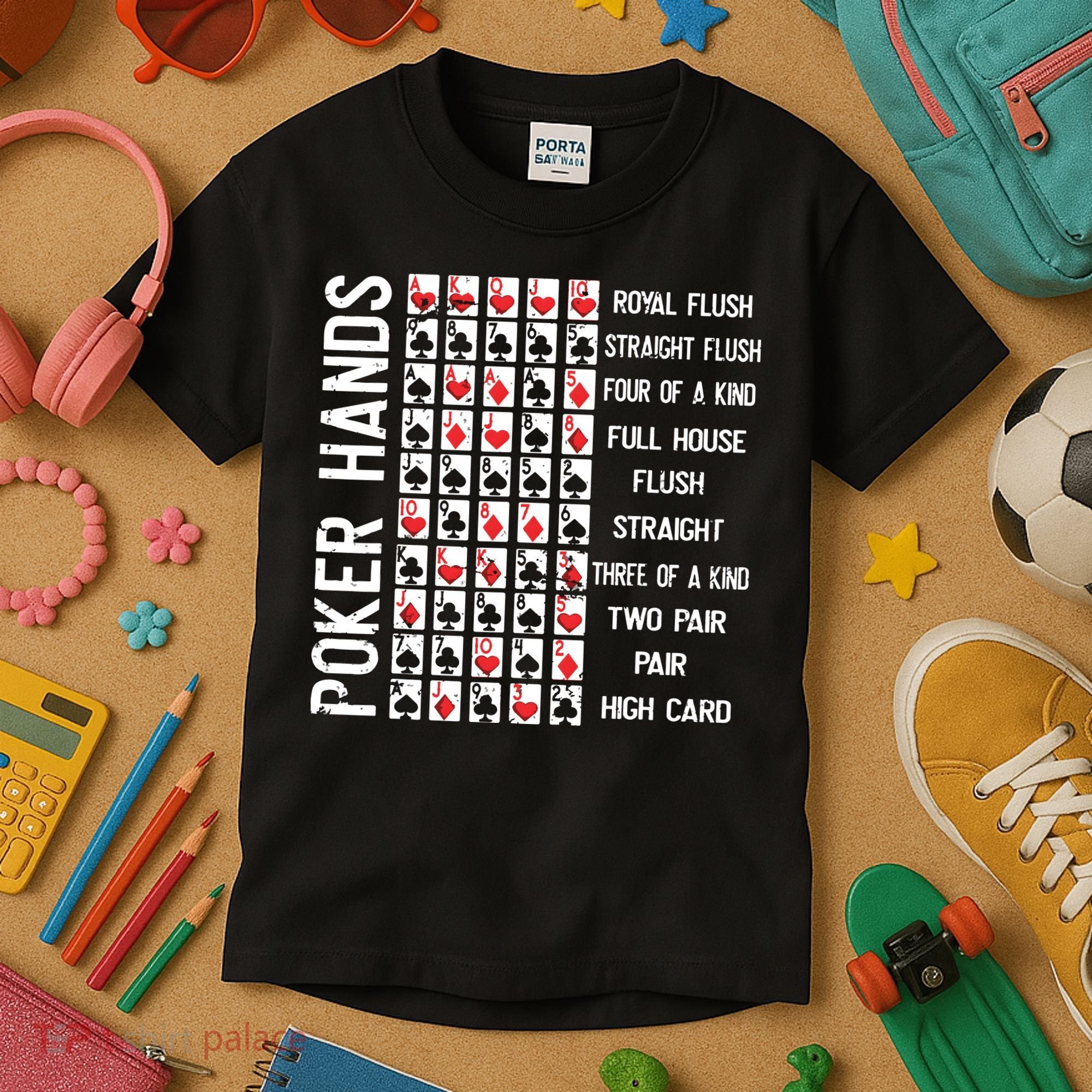 Poker Hands Cheat Sheet Card Casino Games Funny Player Gift Kids T-Shirt