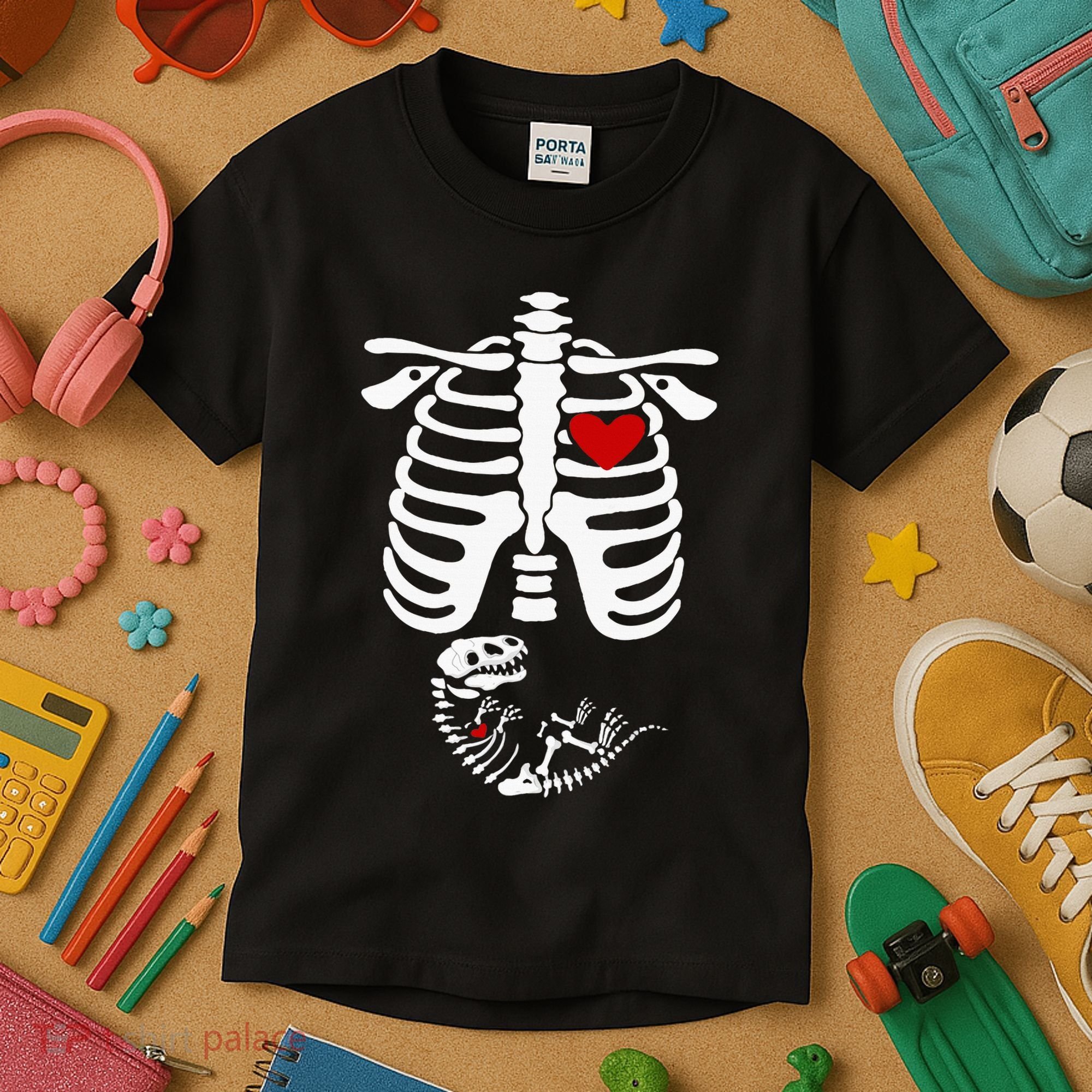 Pregnant Halloween Costume Dinosaur Skeleton Pregnant Mom Kids T-Shirt