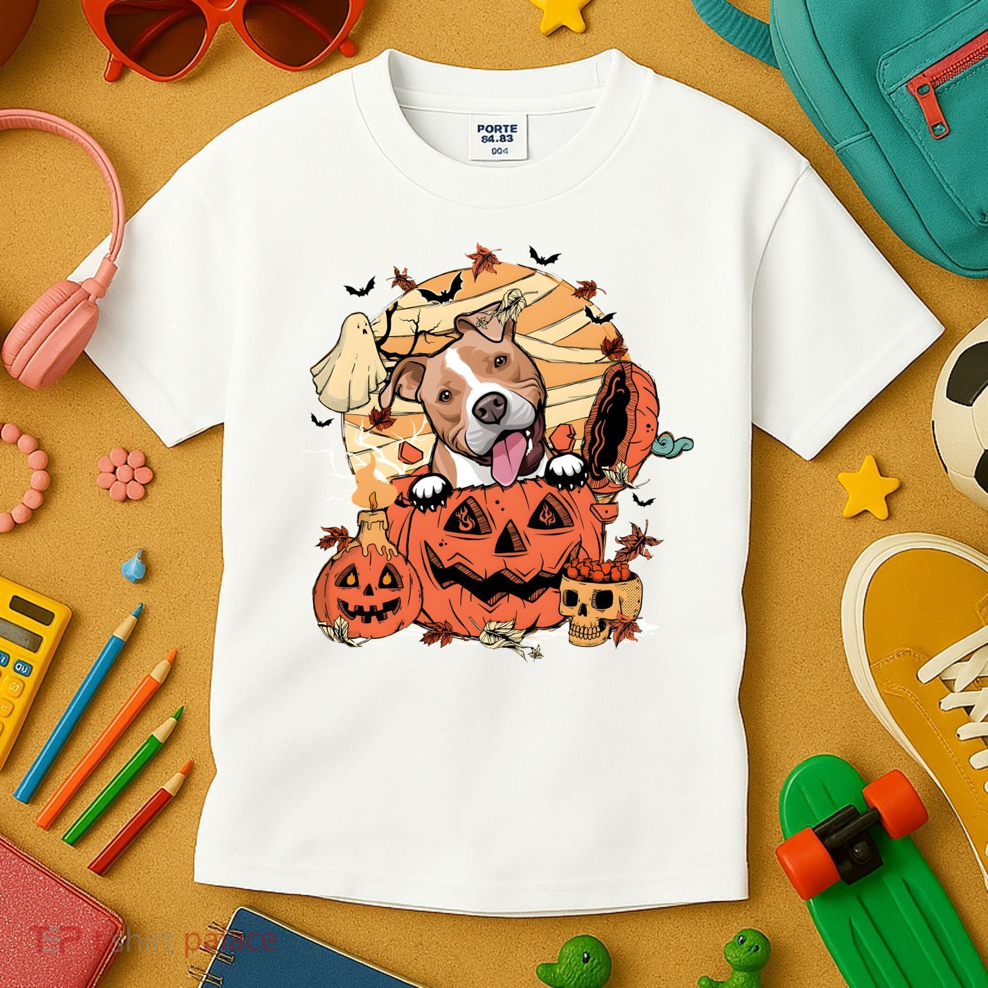 Pitbull Halloween Dog Pumpkin Cute Kids T-Shirt
